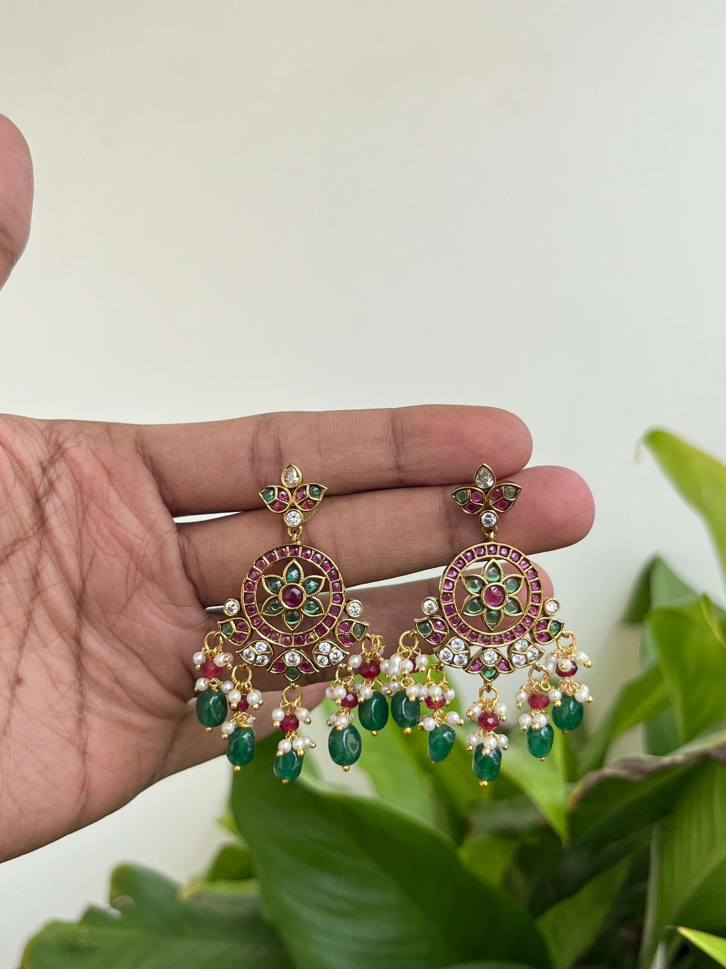Kemp Dangler Earrings with Green & Ruby Stones and Green Bead Drops