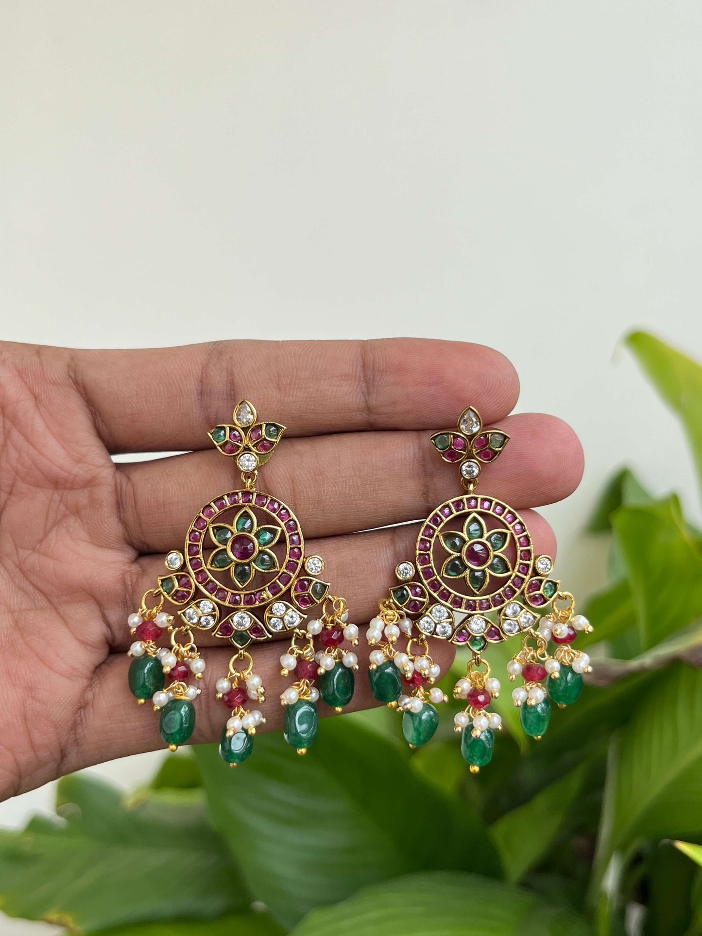 Kemp Dangler Earrings with Green & Ruby Stones and Green Bead Drops