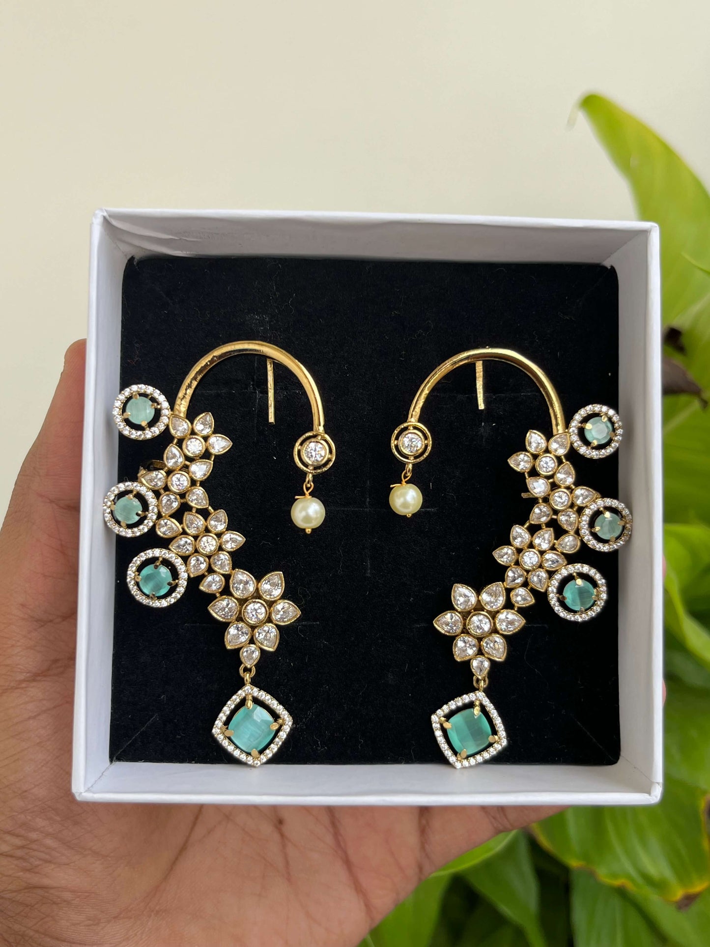 Mint Stone Studded Ear Cuffs with Floral Motifs