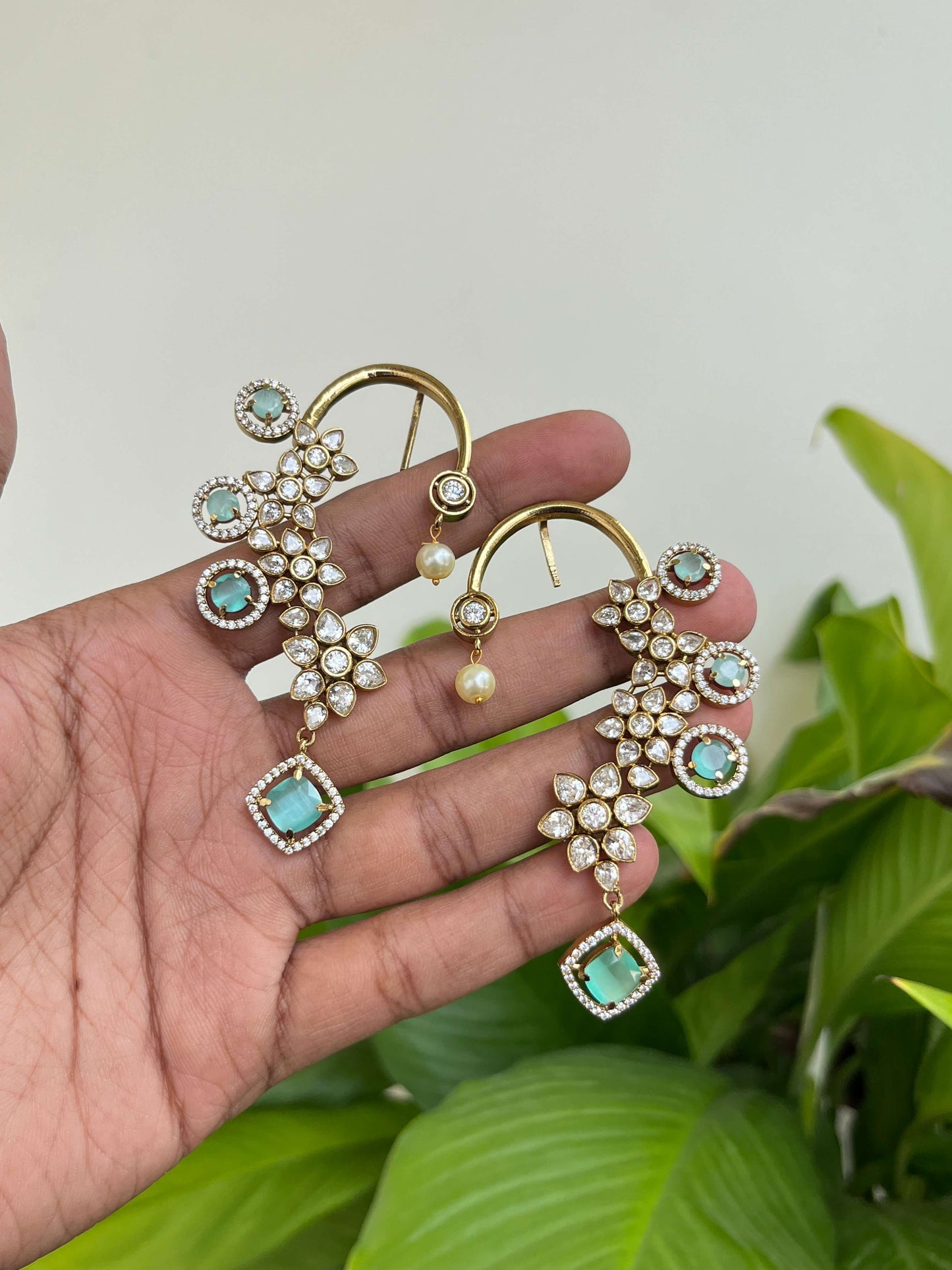 Mint Stone Studded Ear Cuffs with Floral Motifs