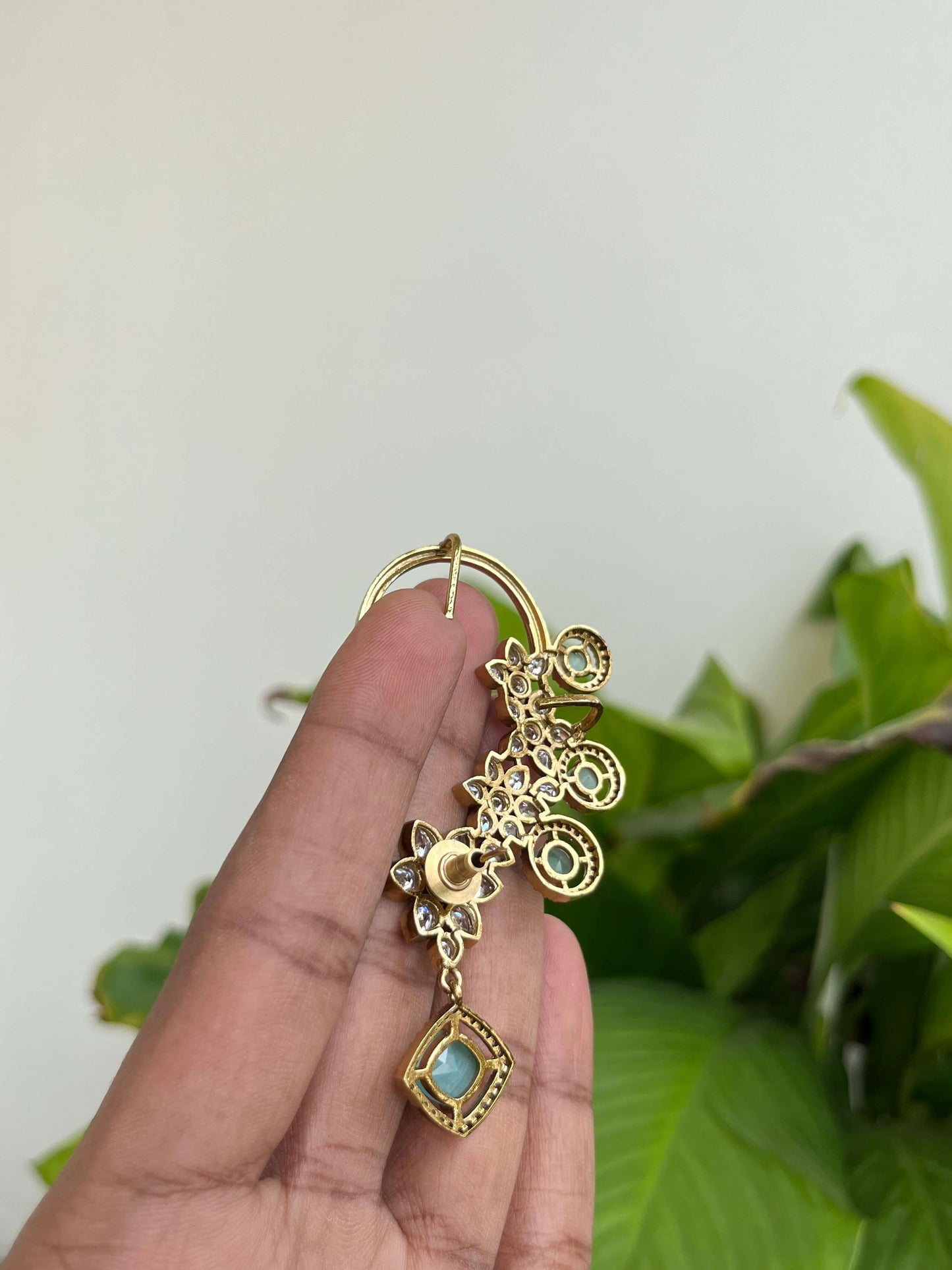 Mint Stone Studded Ear Cuffs with Floral Motifs