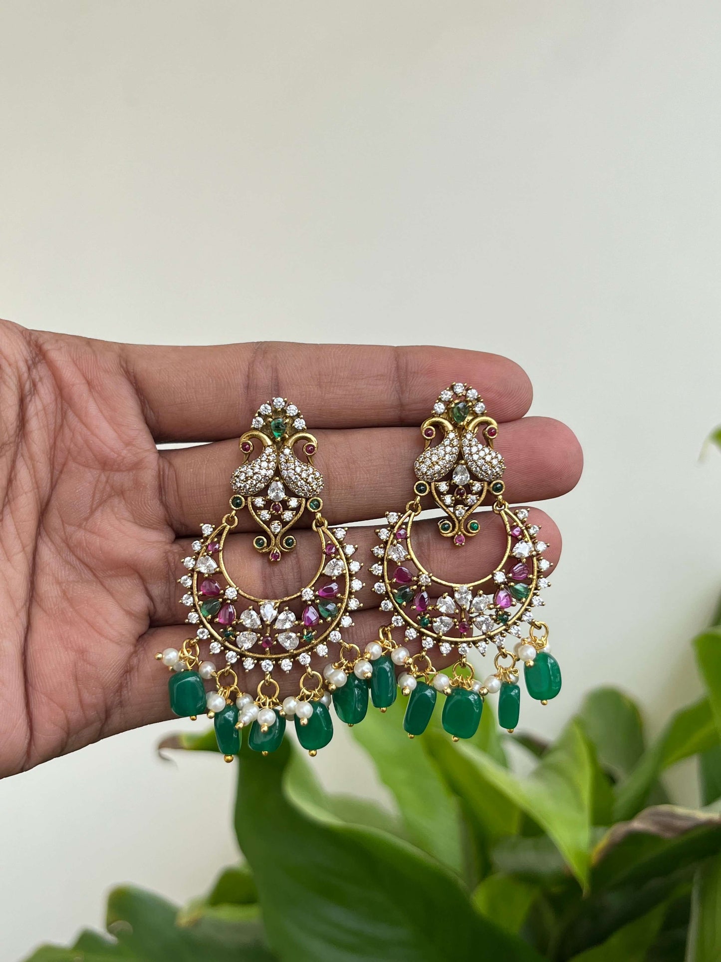 Peacock Motif Chaandbali Earrings with Emerald & Ruby Accents, Green Bead Drops