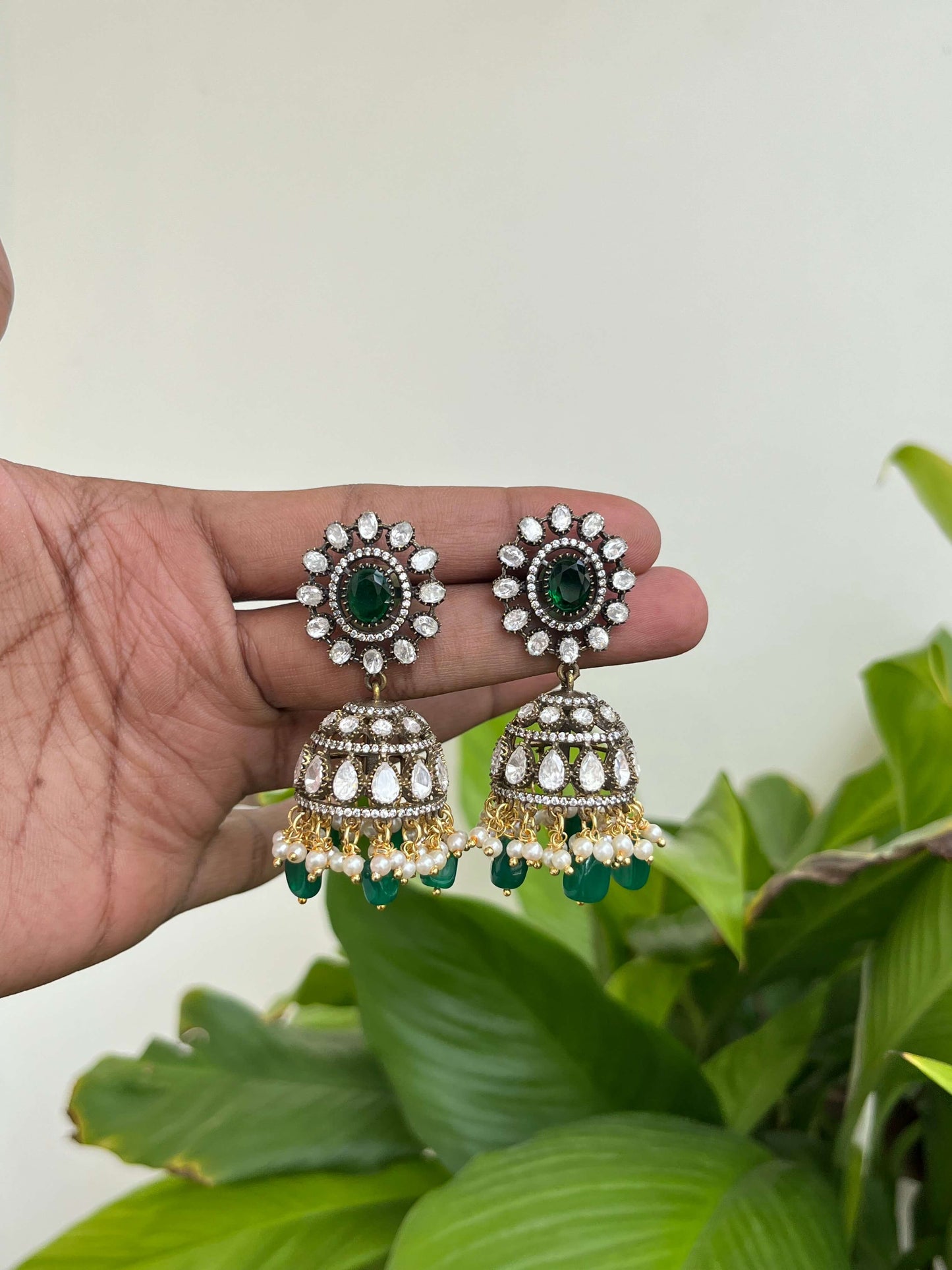 Big Kundan Jhumka Earrings with Foil Back & Emerald Green Stone