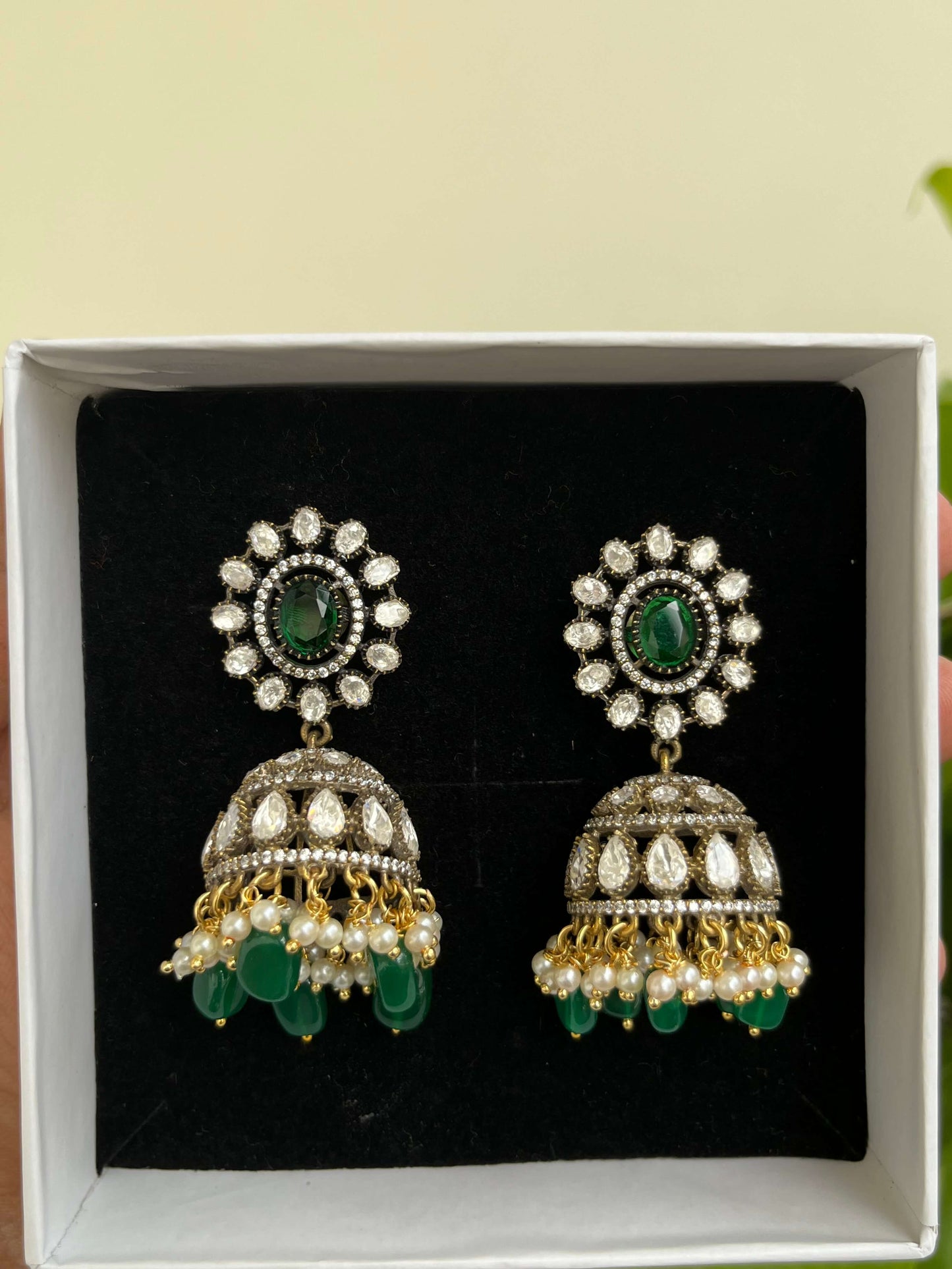 Big Kundan Jhumka Earrings with Foil Back & Emerald Green Stone