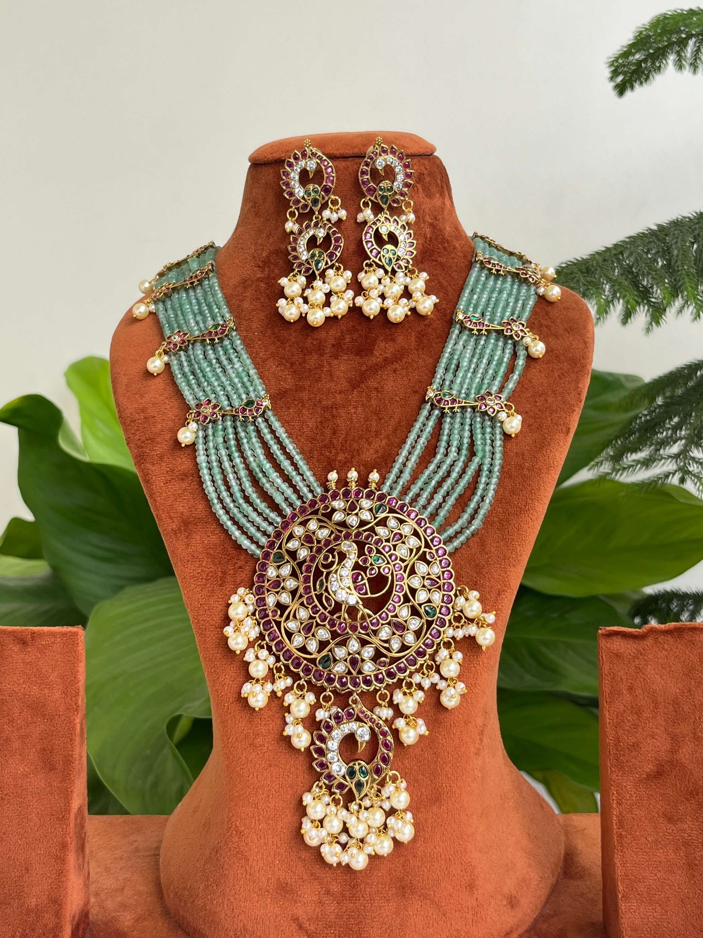 Green Bead Layered Haram with Kemp Pendant & Earrings