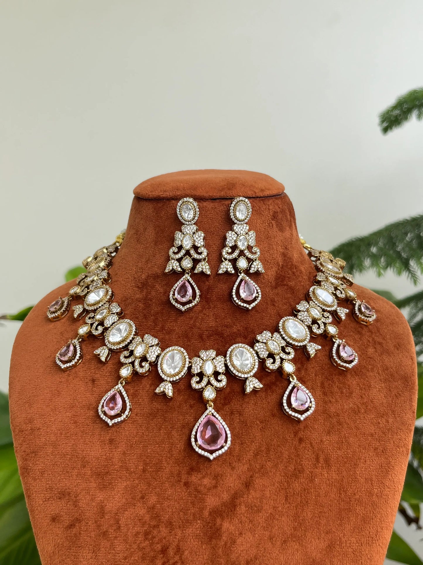Moissanite Polki Foil-Back Kundan Necklace Set with Pastel Green & Pink Drops
