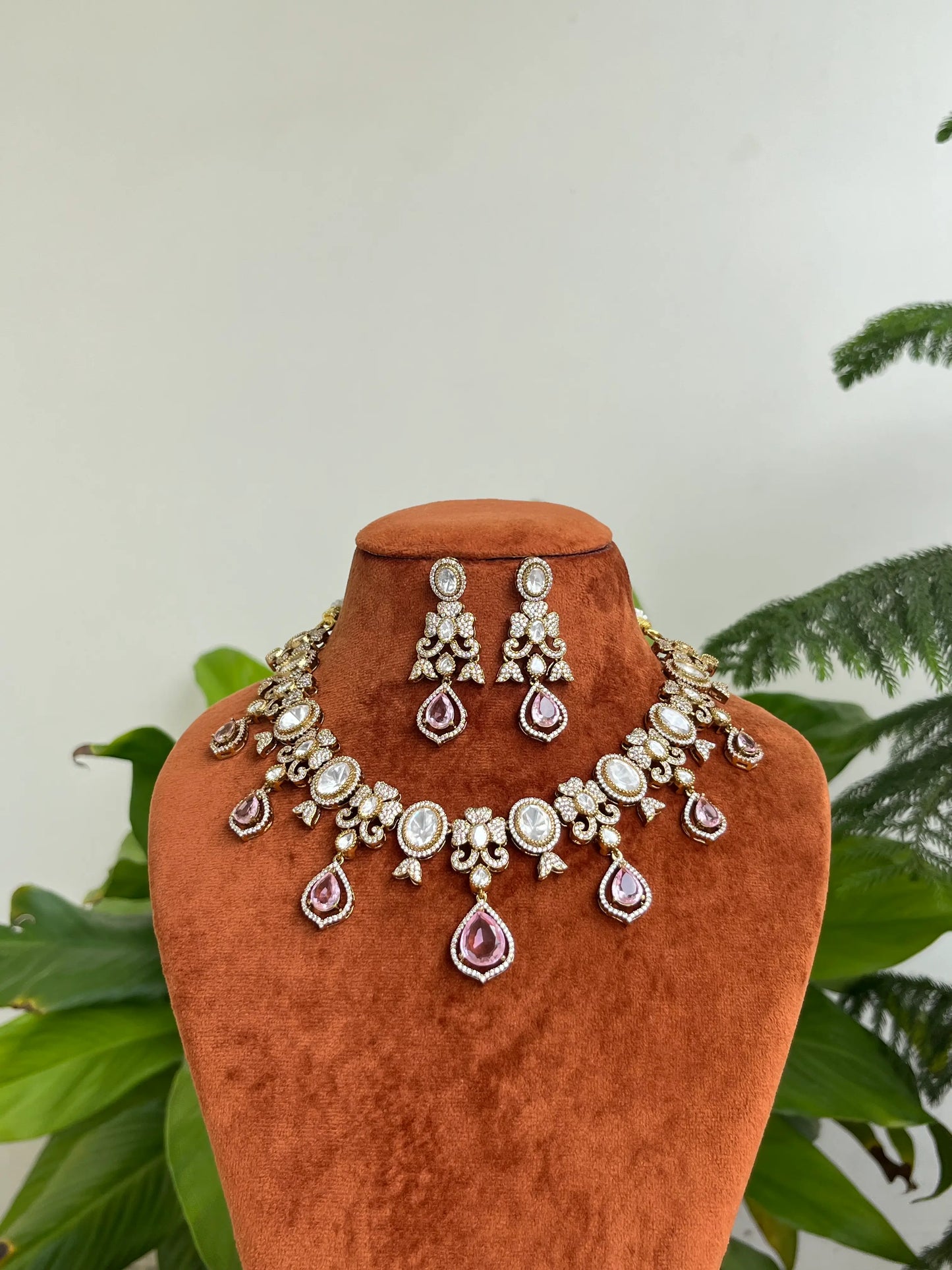 Moissanite Polki Foil-Back Kundan Necklace Set with Pastel Green & Pink Drops