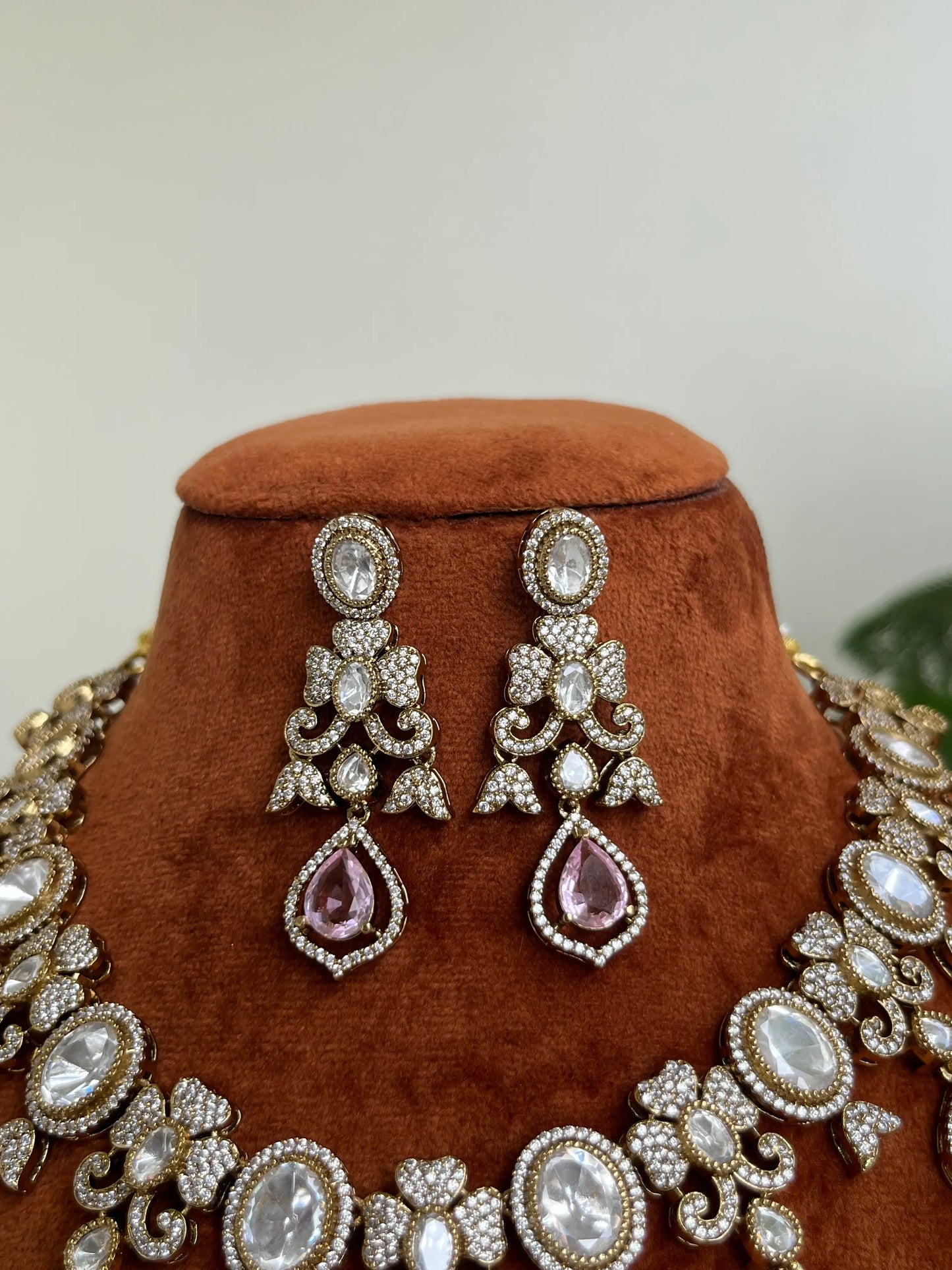 Moissanite Polki Foil-Back Kundan Necklace Set with Pastel Green & Pink Drops