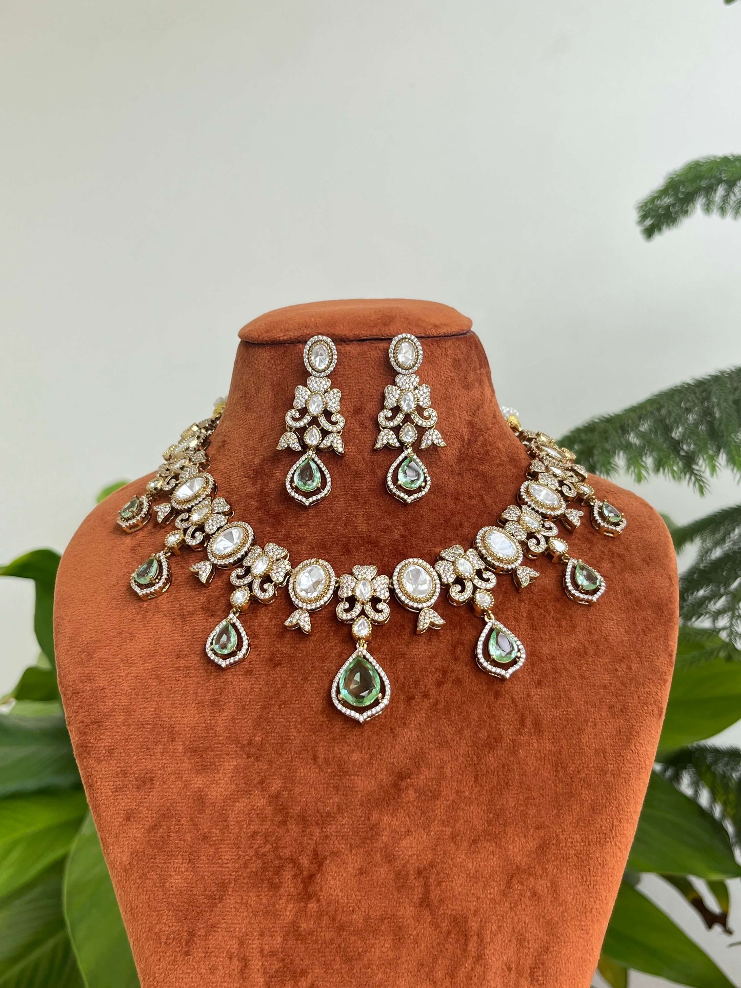 Moissanite Polki Foil-Back Kundan Necklace Set with Pastel Green & Pink Drops