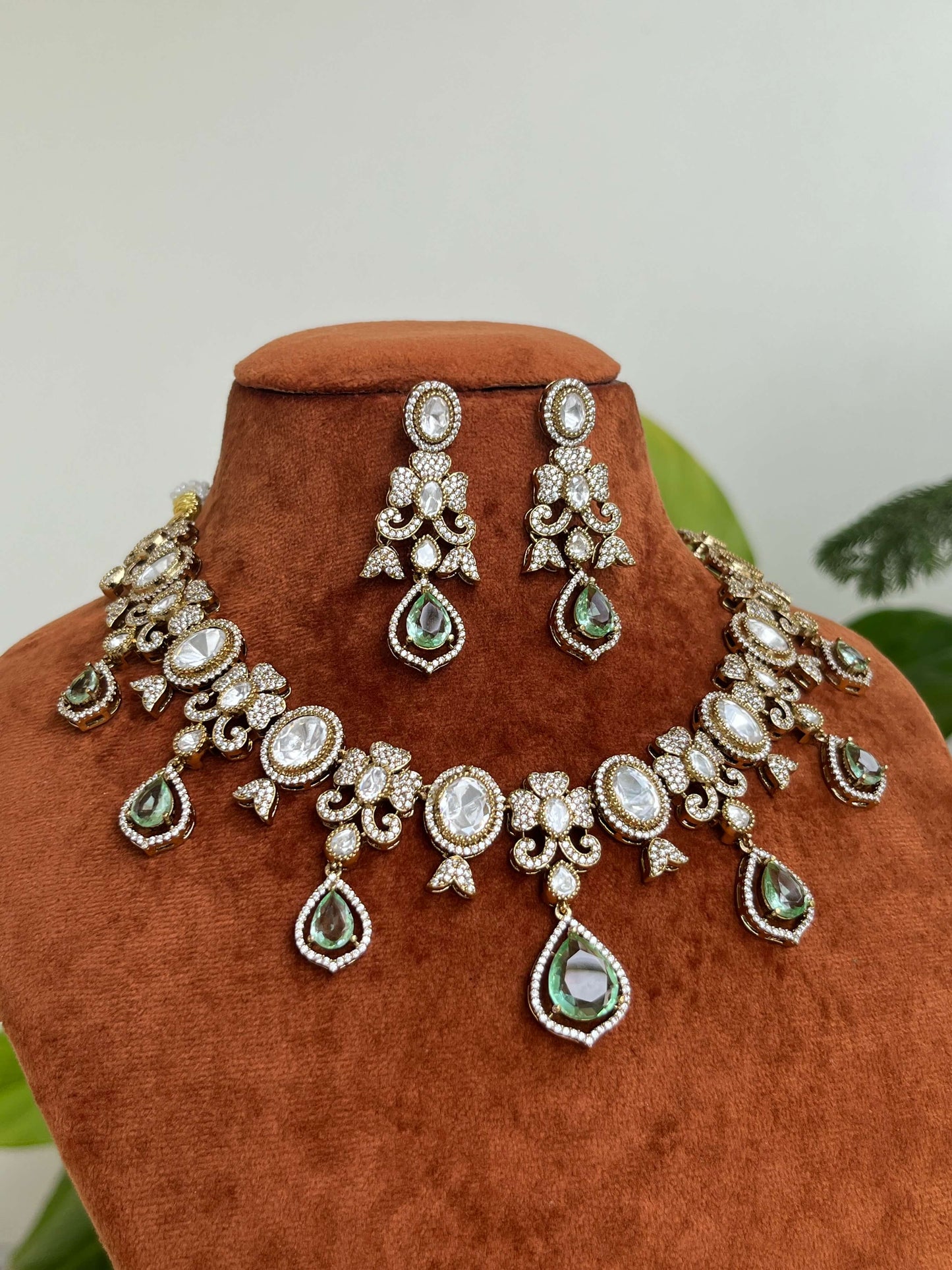 Moissanite Polki Foil-Back Kundan Necklace Set with Pastel Green & Pink Drops