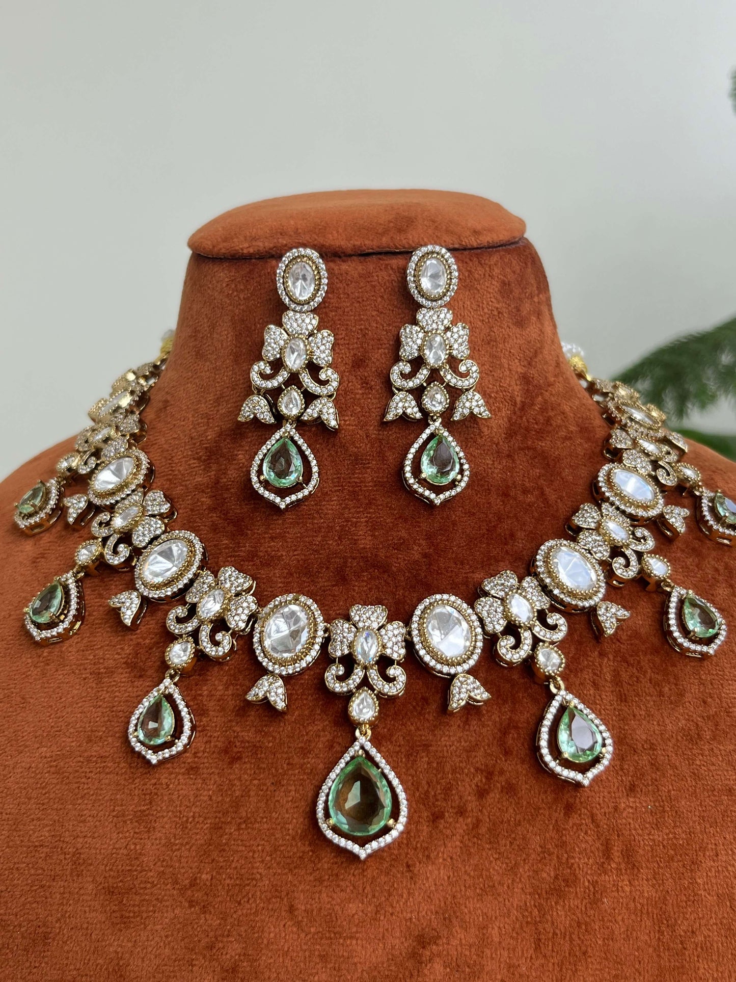 Moissanite Polki Foil-Back Kundan Necklace Set with Pastel Green & Pink Drops