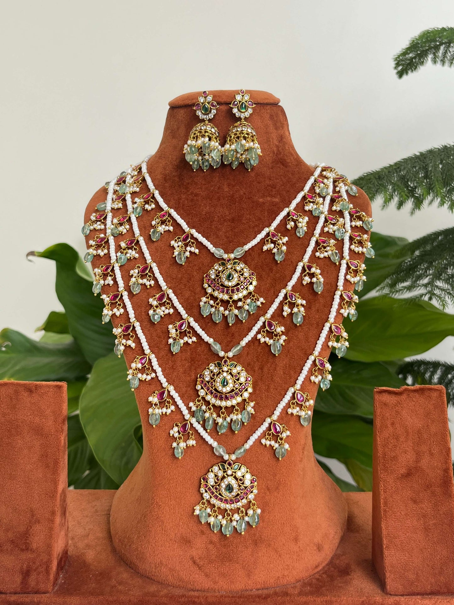 Kemp Stone Pearl Rani Haram Set with Green Beads & Jhumka Earrings