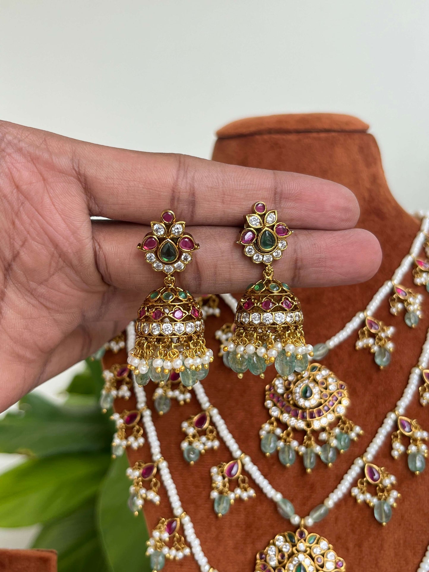 Kemp Stone Pearl Rani Haram Set with Green Beads & Jhumka Earrings