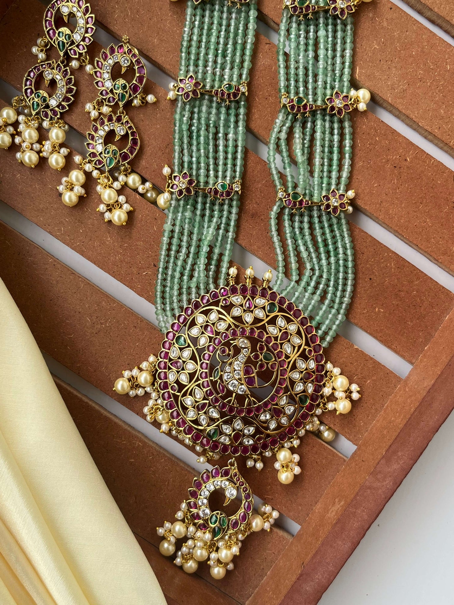 Green Bead Layered Haram with Kemp Pendant & Earrings
