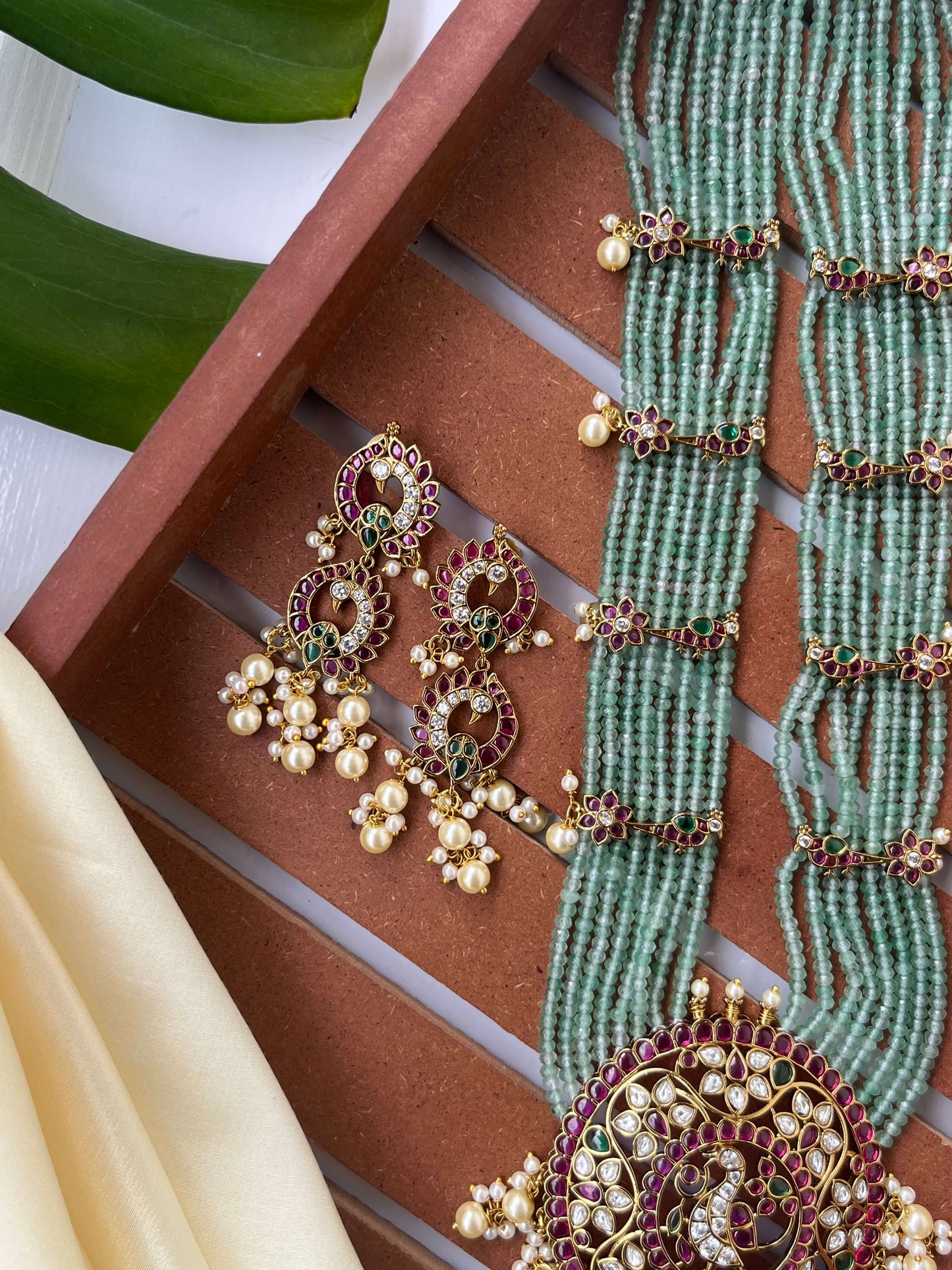 Green Bead Layered Haram with Kemp Pendant & Earrings