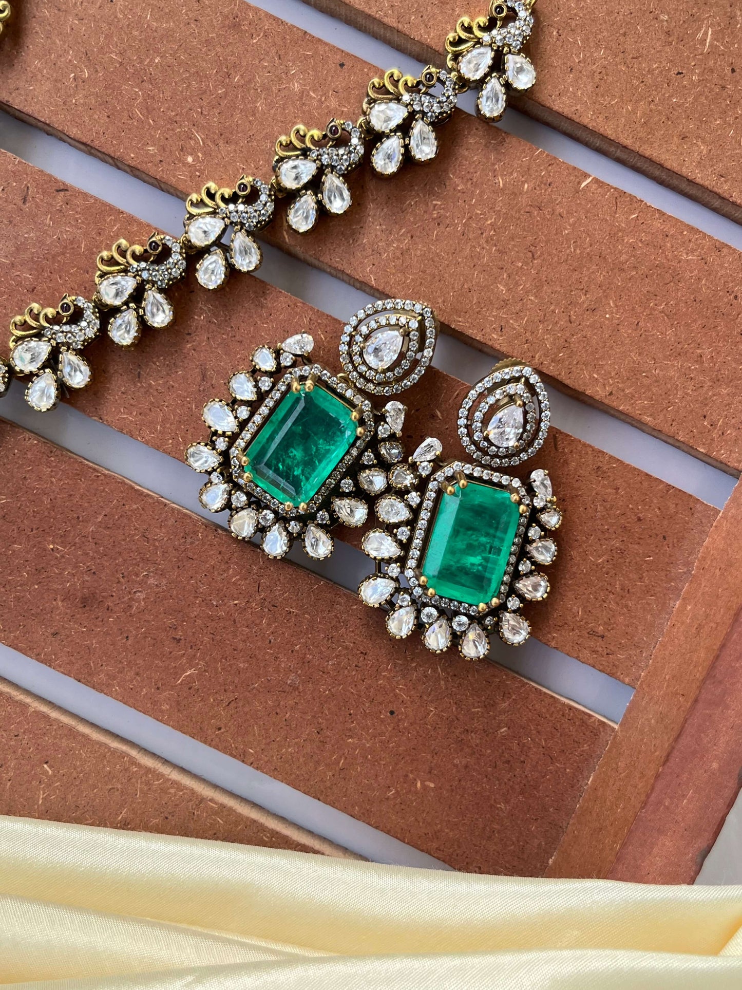 Moissanite Kundan Necklace Set with Green Doublet Stone | Bridal & Festive Jewelry