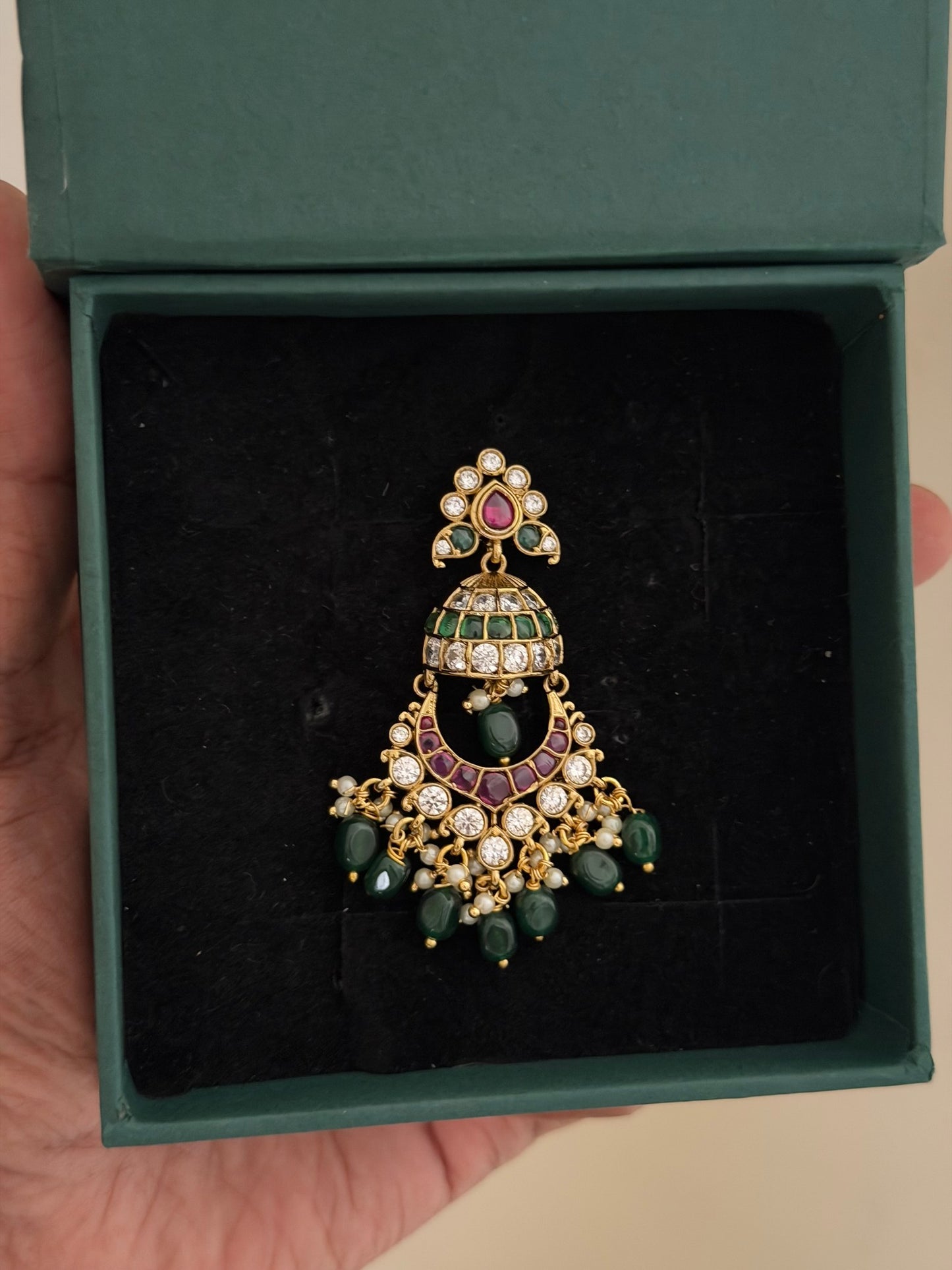Green Fringe Chandbali Earrings