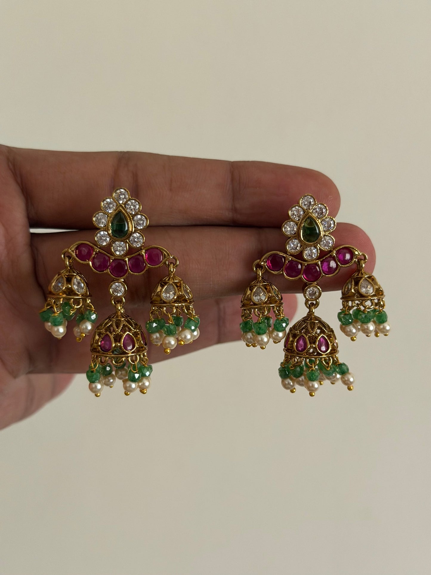 Pink Green Jhumka Earrings