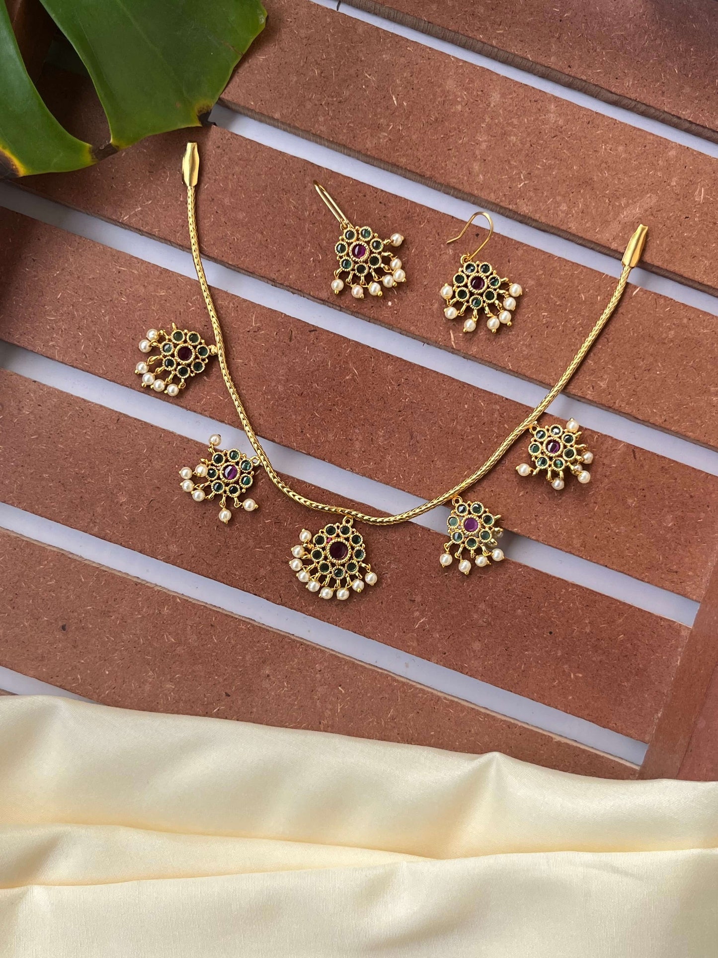 Floral Motif Necklace with Pearl Drops & Matching Earrings