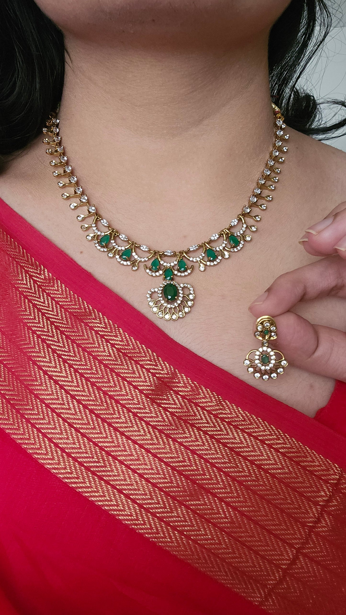 Floral Motifs Sleek Drops AD Necklace Set with Earrings – Lightweight & Elegant