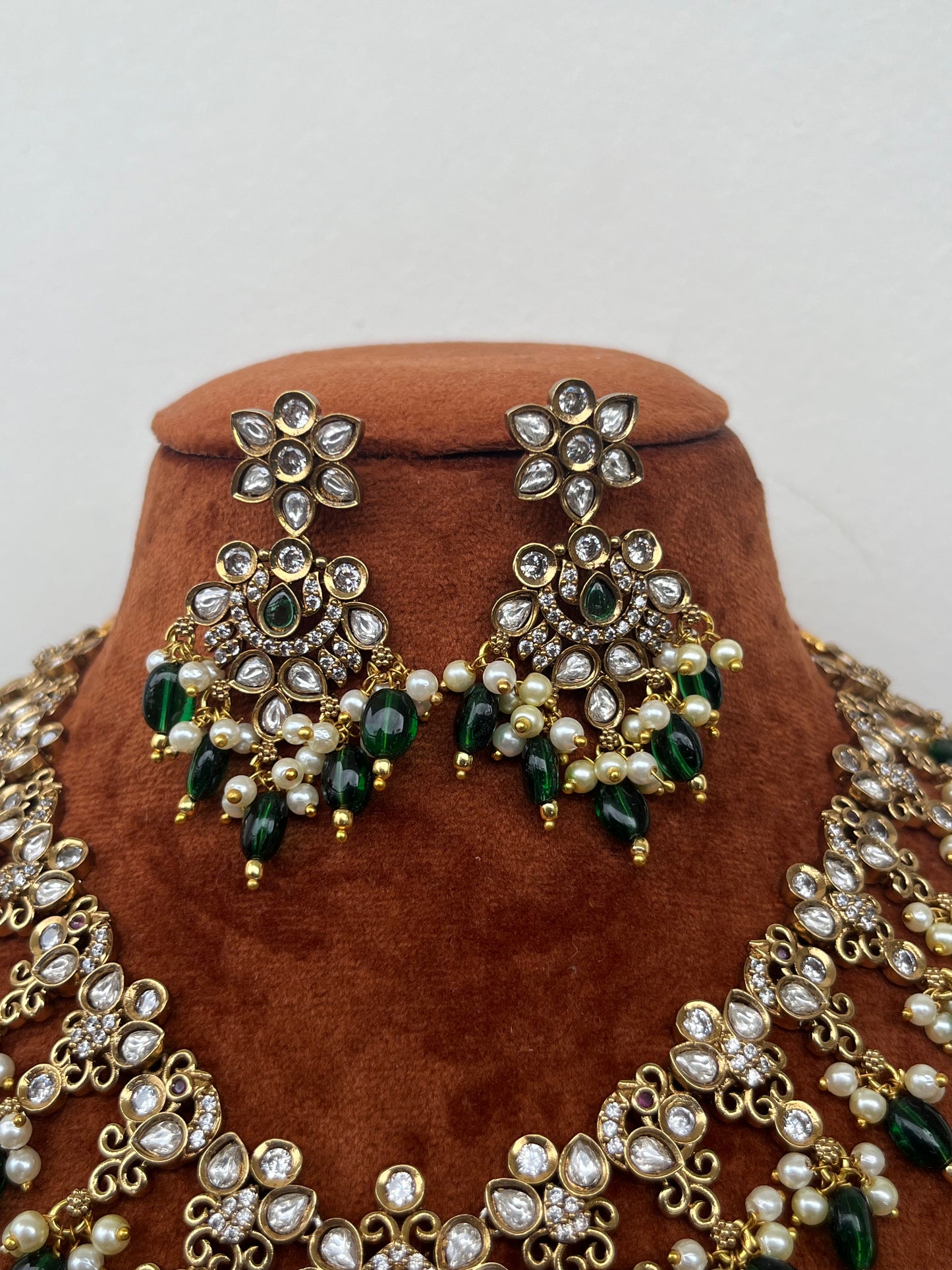 Kundan Luxury Peacock Motif Necklace Set with Green Monalisa Beads – Bridal & Semi-Bridal