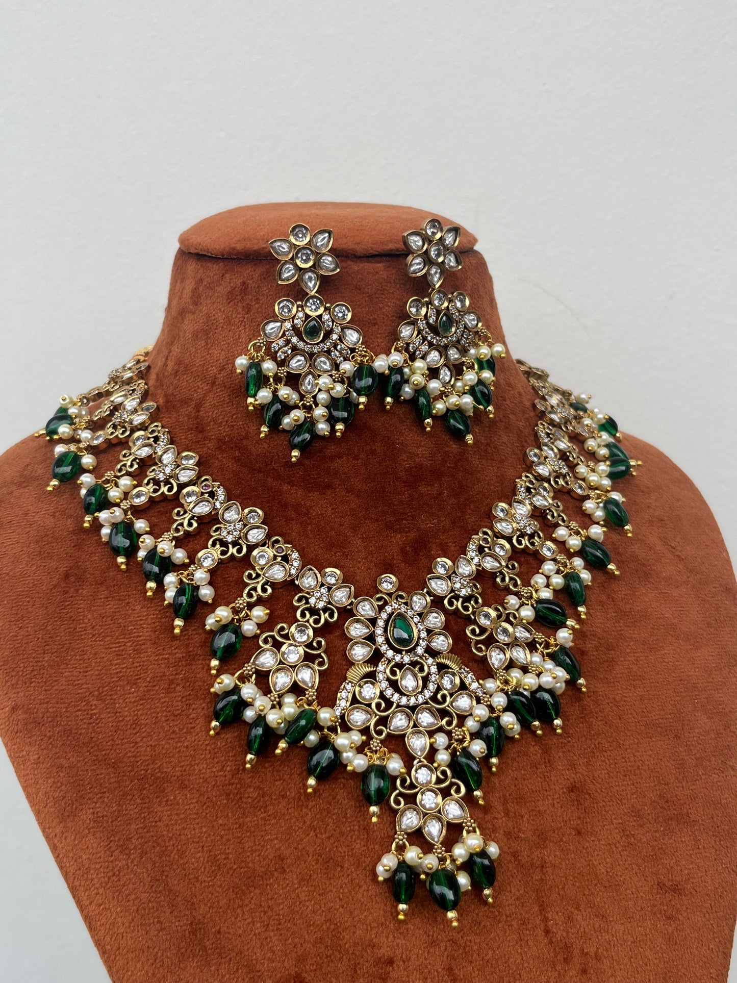Kundan Luxury Peacock Motif Necklace Set with Green Monalisa Beads – Bridal & Semi-Bridal