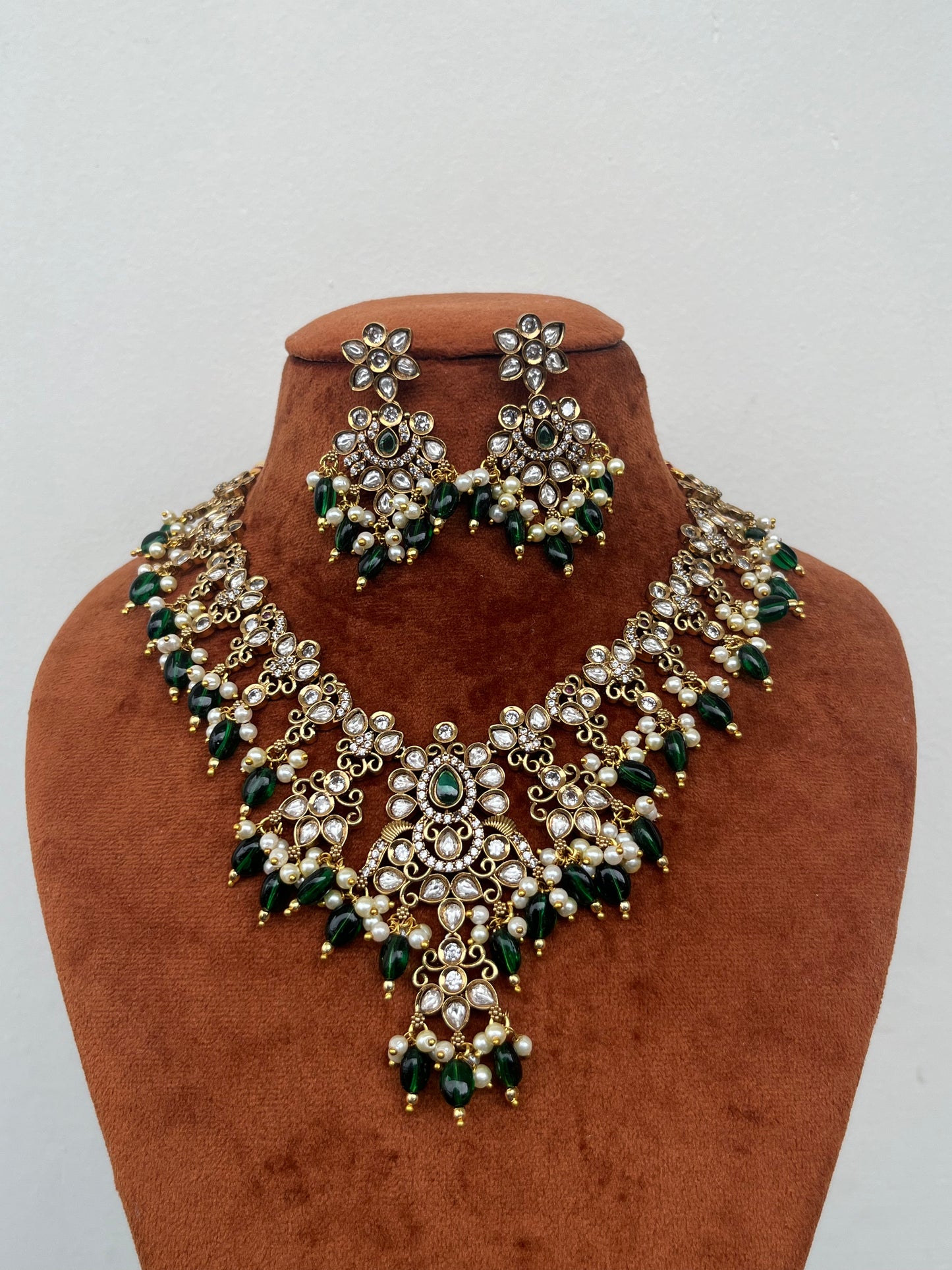 Kundan Luxury Peacock Motif Necklace Set with Green Monalisa Beads – Bridal & Semi-Bridal