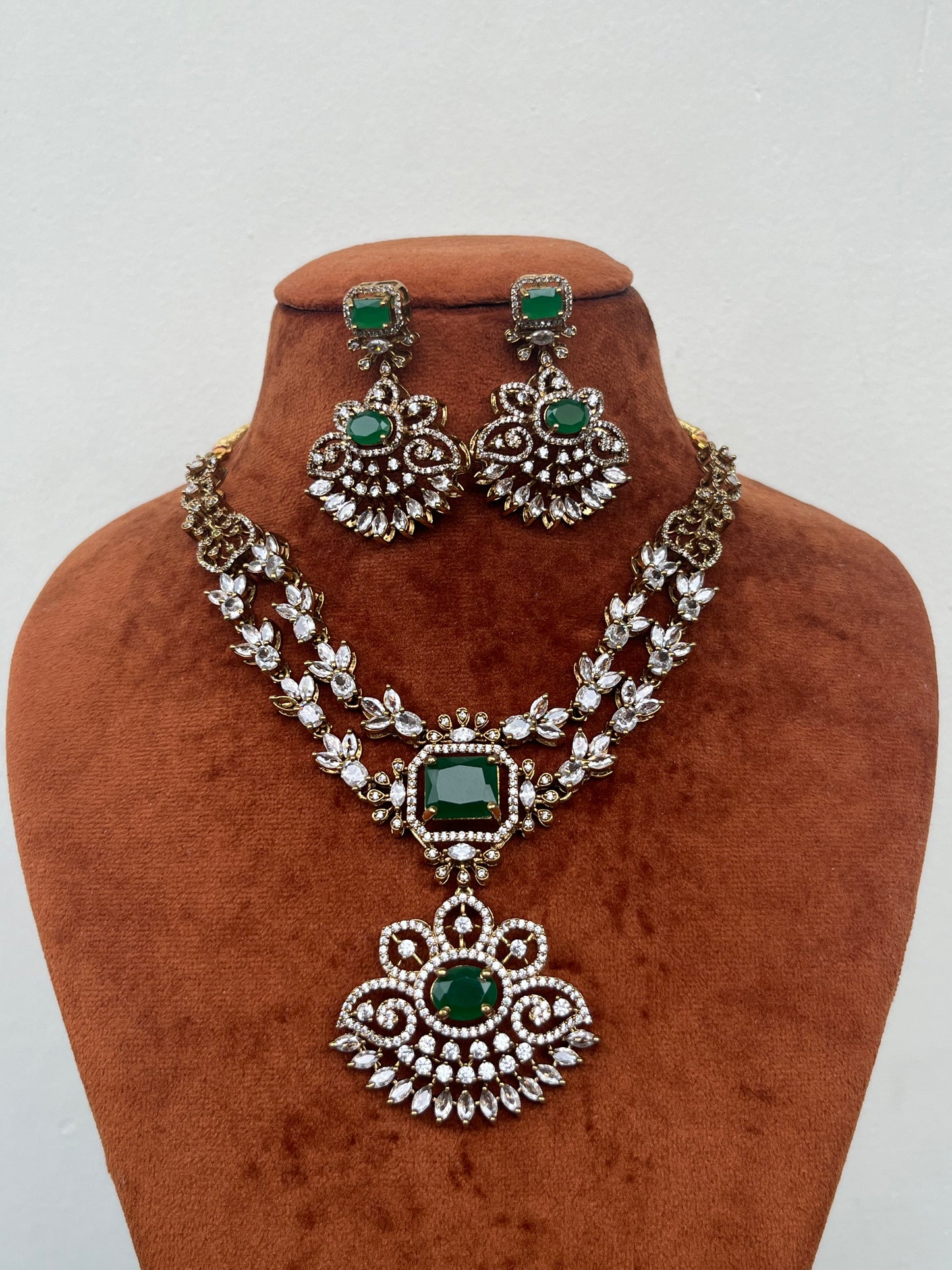 Victorian Double Layer Floral Necklace Set – Mint & Green Variants