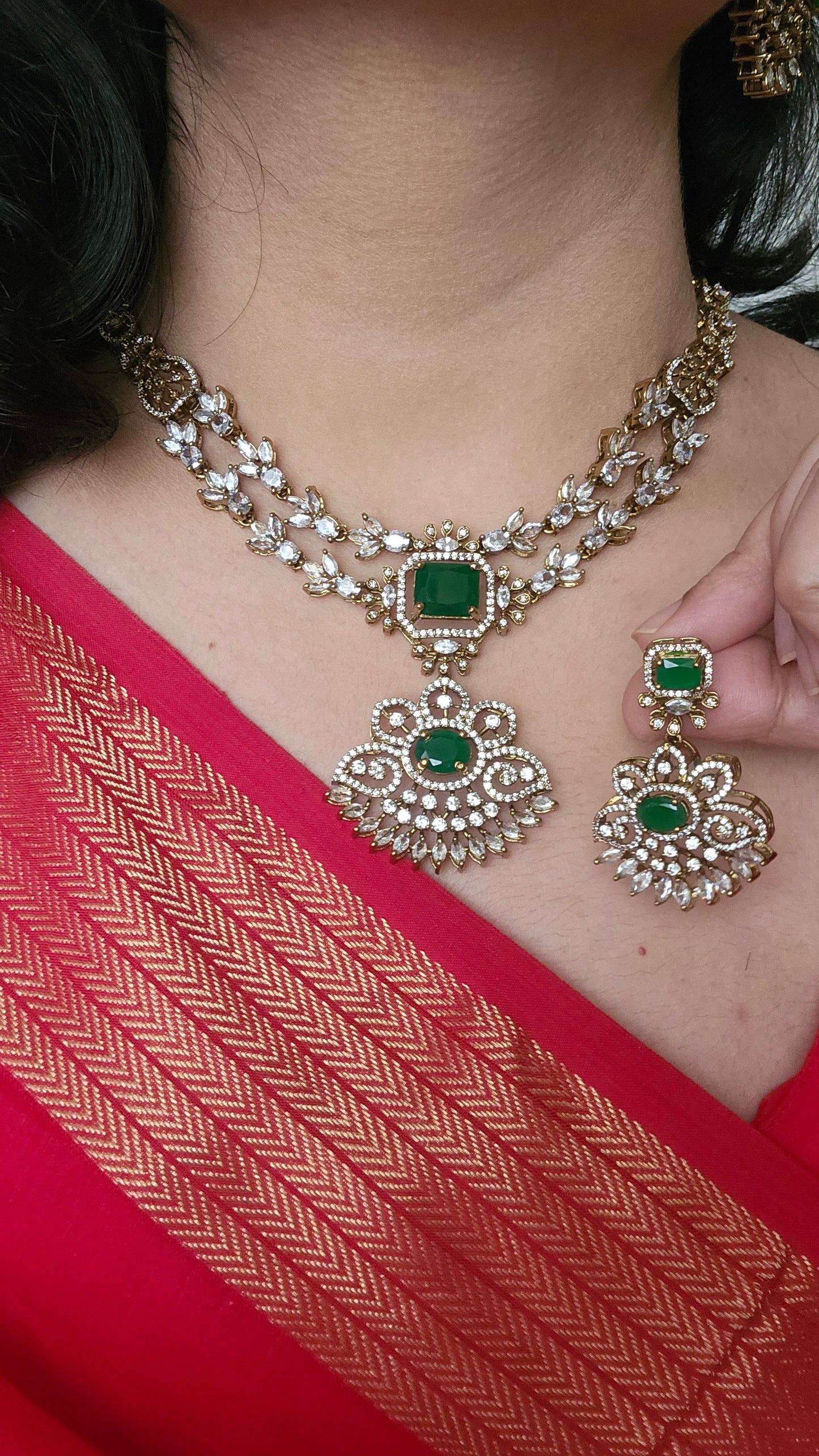 Victorian Double Layer Floral Necklace Set – Mint & Green Variants