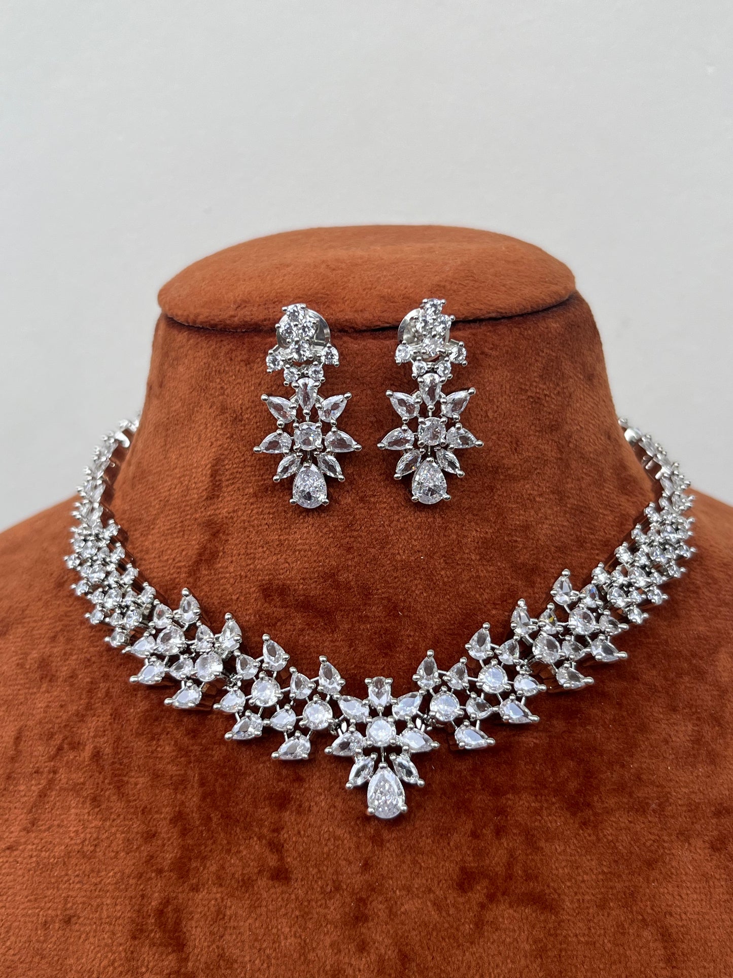 Diamond AD Necklace Set with Earrings – Silver Finish Elegance for Weddings & Parties