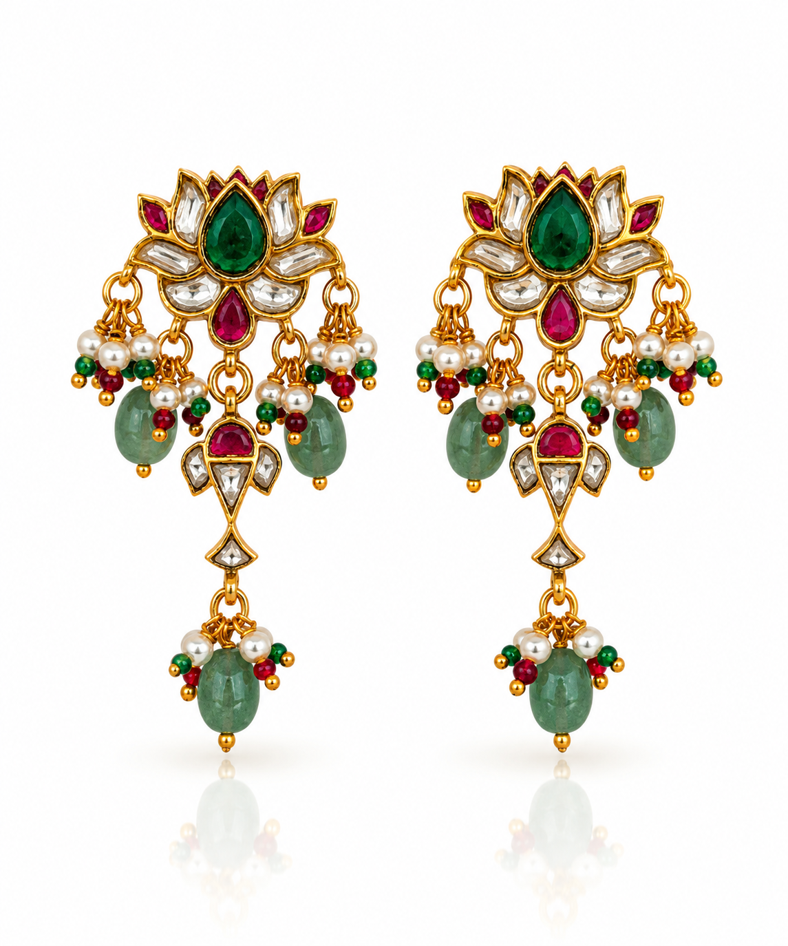 Jadau Kundan Emerald Lotus Dangler Earrings with Bead Drop