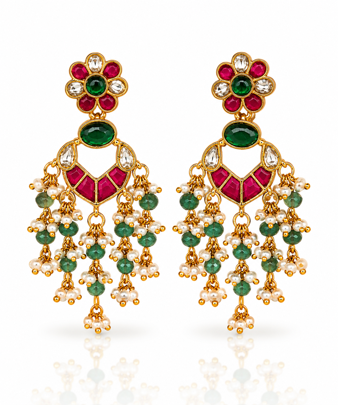 Jadau Kundan Emerald Chandbali Earrings with Pearl Tassels