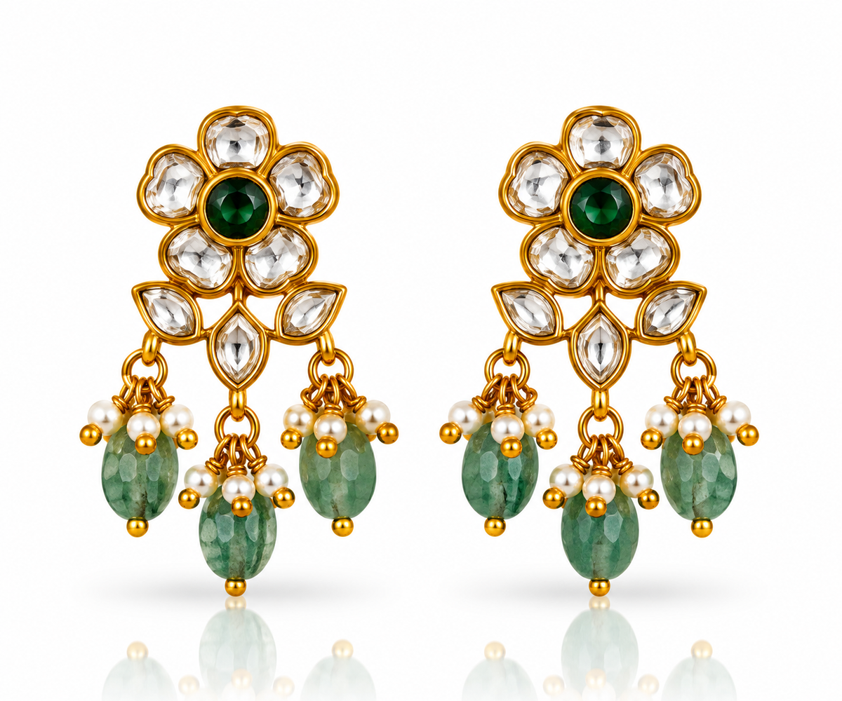 Jadau Kundan Emerald Floral Stud Earrings with Bead Tassels