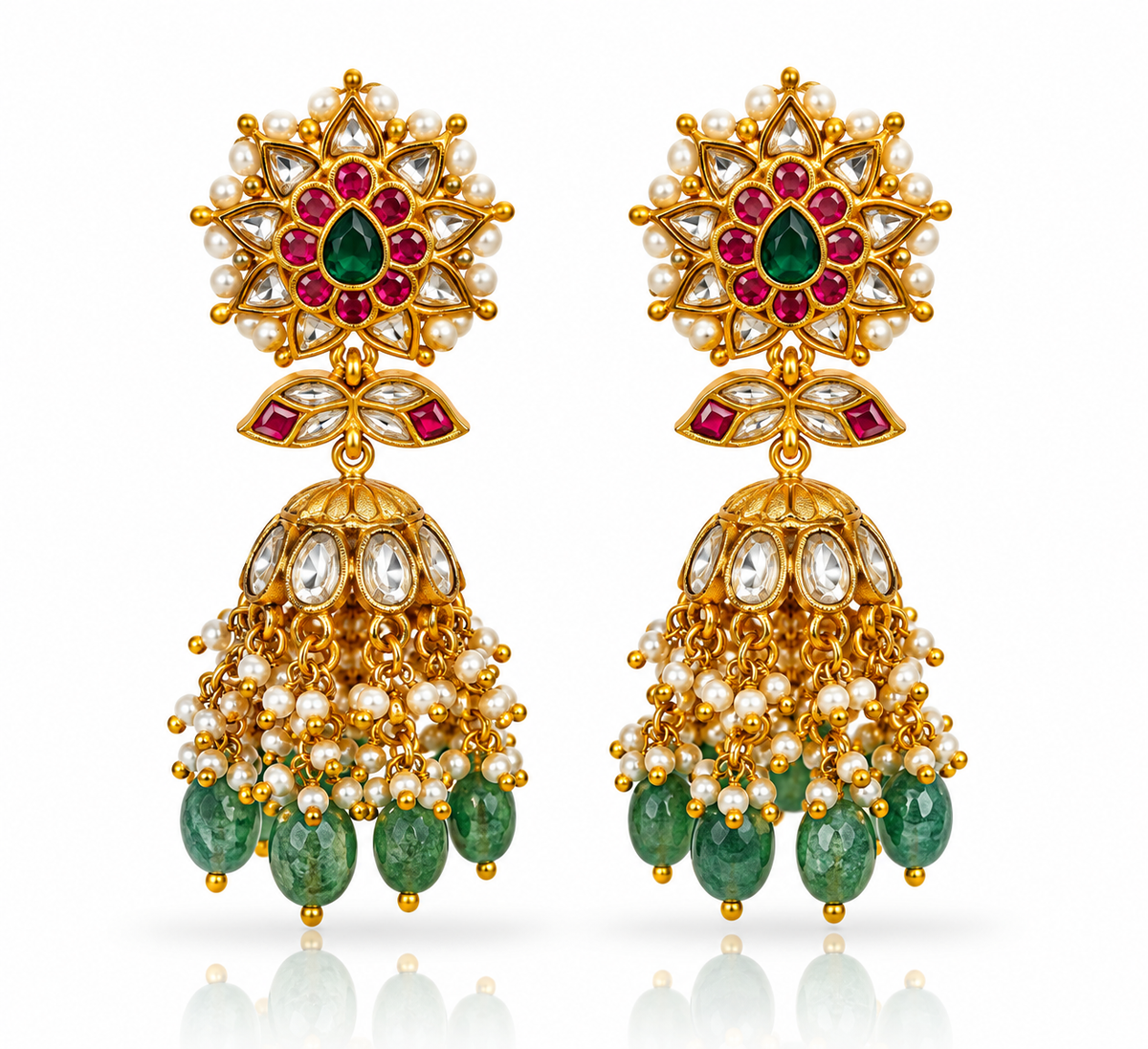 Jadau Kundan Ruby Emerald Jhumka Earrings with Pearl Fringe