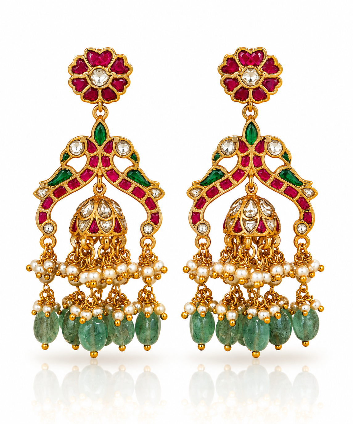 Jadau Kundan Ruby Floral Jhumka Earrings with Emerald Leaf