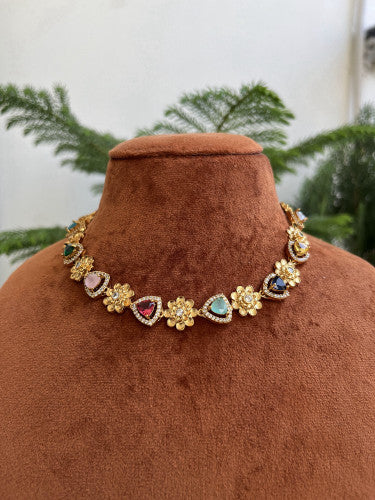 Sleek Floral motif Necklace Set - Multicolor, Green, Purple