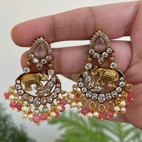 Studded Elephant Chaandbali Earrings - Pink and Mint