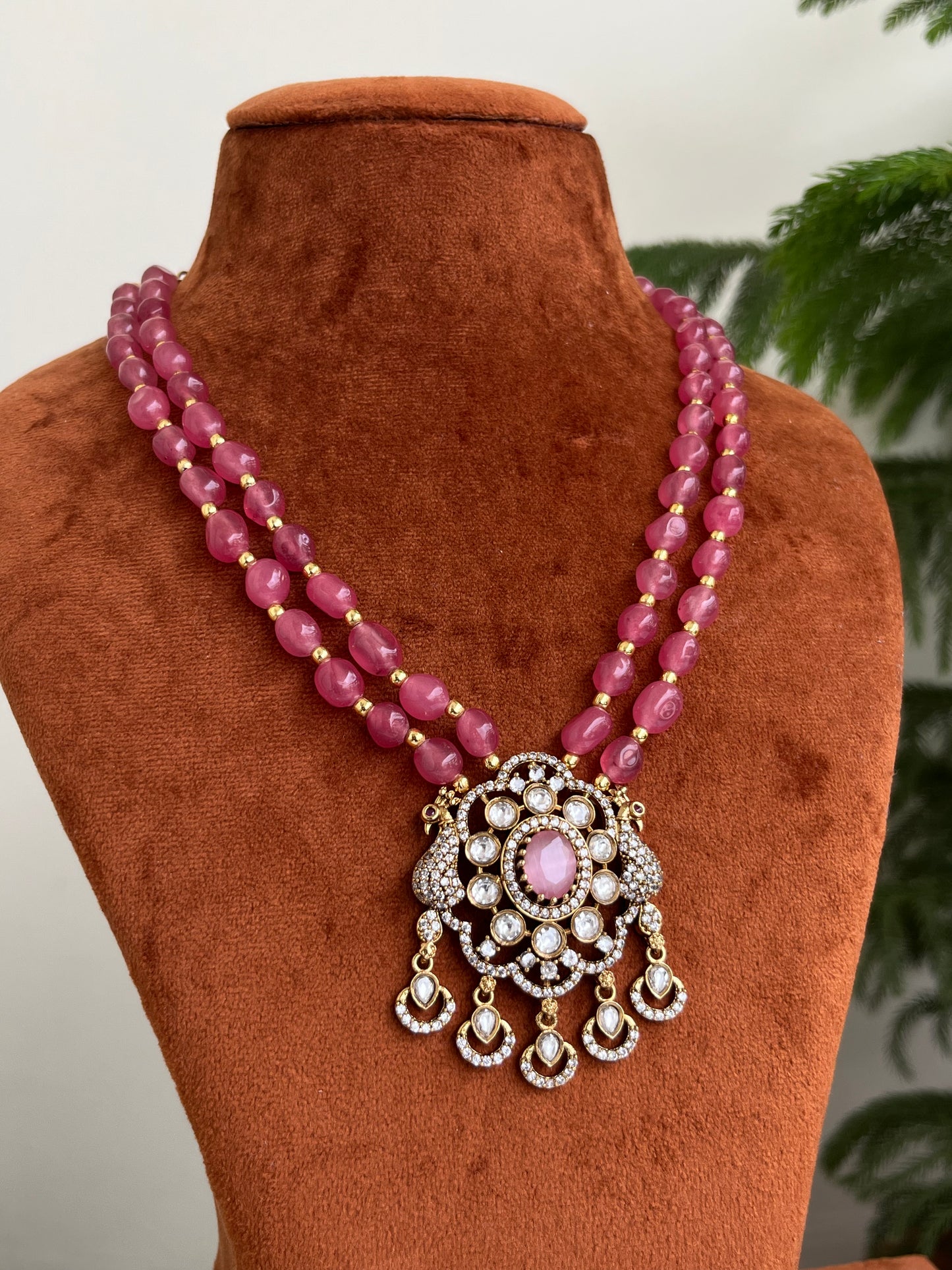 Peacock Motifs Victorian Pendant Beads Mid Length Haram – in Green & Onion Colors