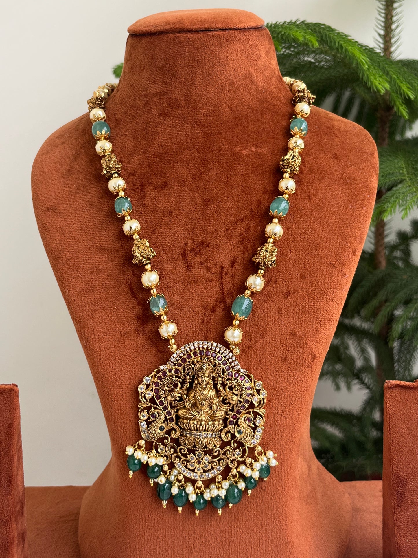Lakshmi Devi Haram with Pearls & Green Stones – Perfect for Sarees | Festive & Wedding Jewellery