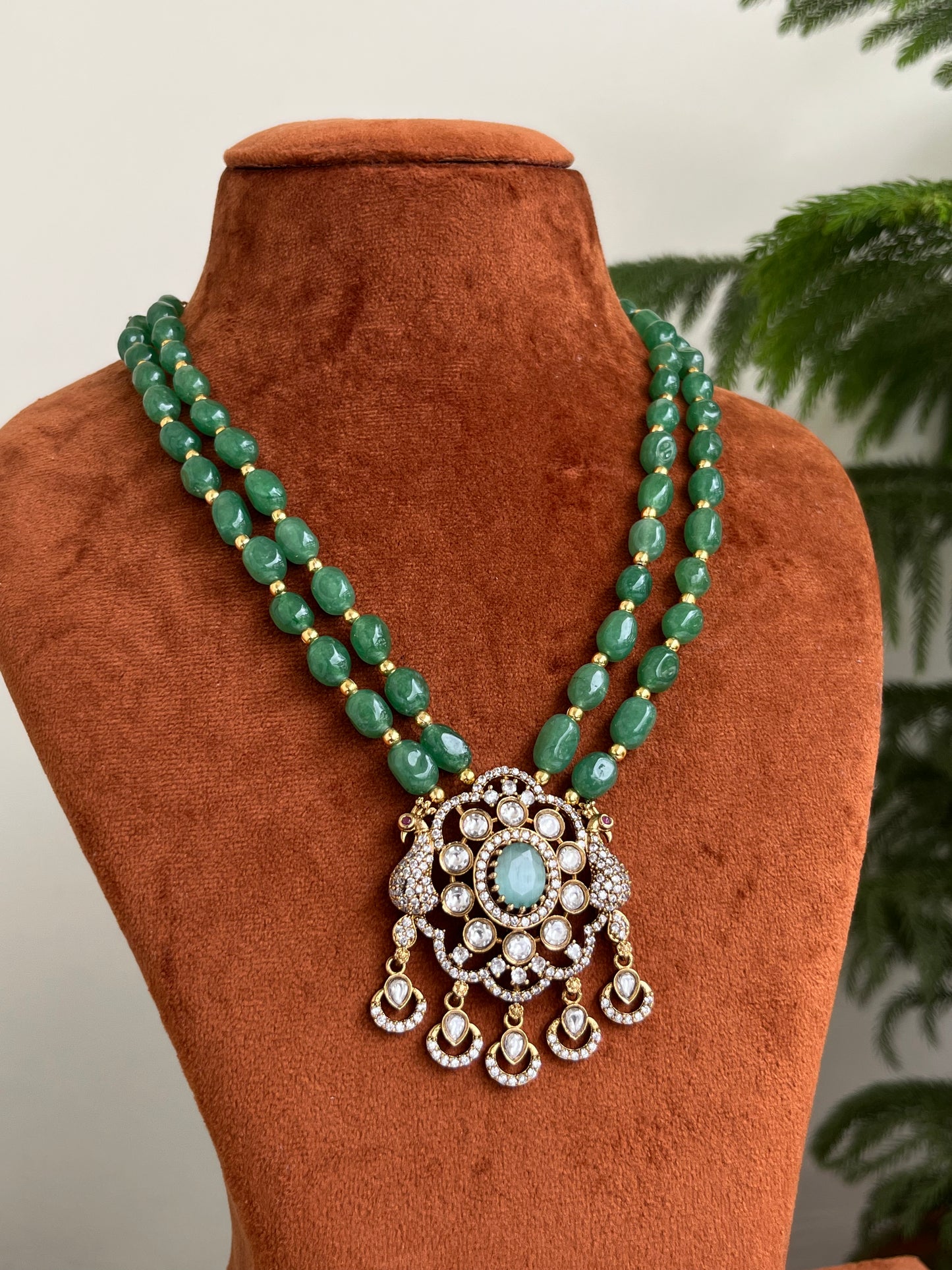 Peacock Motifs Victorian Pendant Beads Mid Length Haram – in Green & Onion Colors