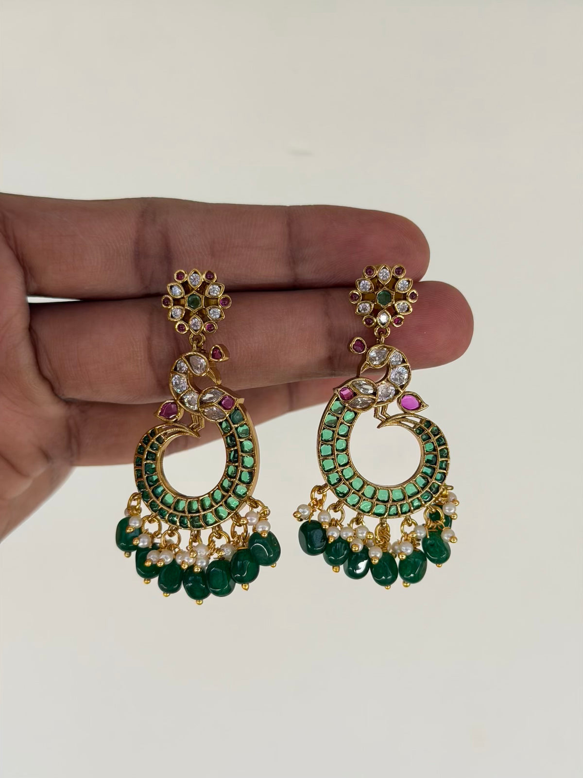 Emerald Kemp Peacock Chaandbali Earrings with Green Bead Drops