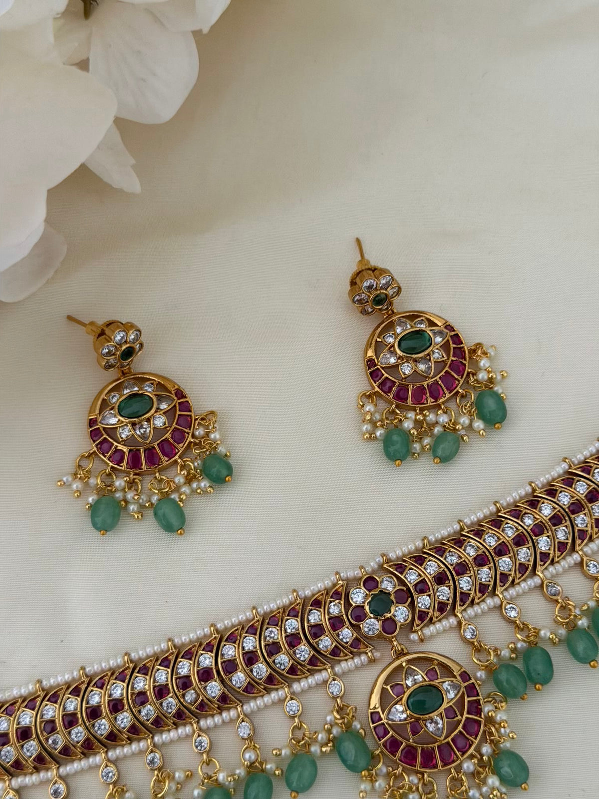 Kemp Crescent Choker Set with Mint Bead Fringe and Chaandbali Earrings