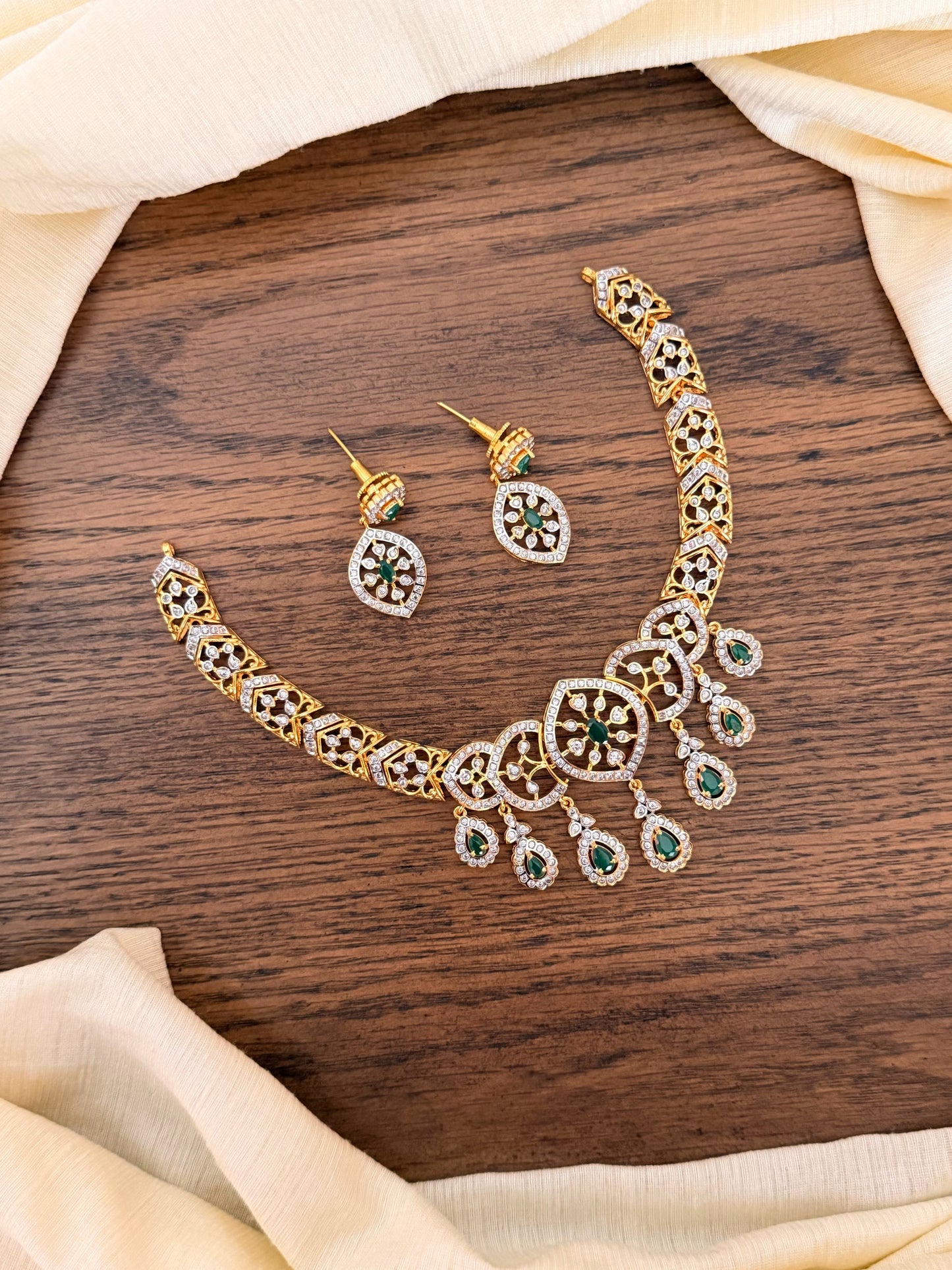 Gold-Finish Emerald Drop Necklace Set with Intricate CZ Filigree