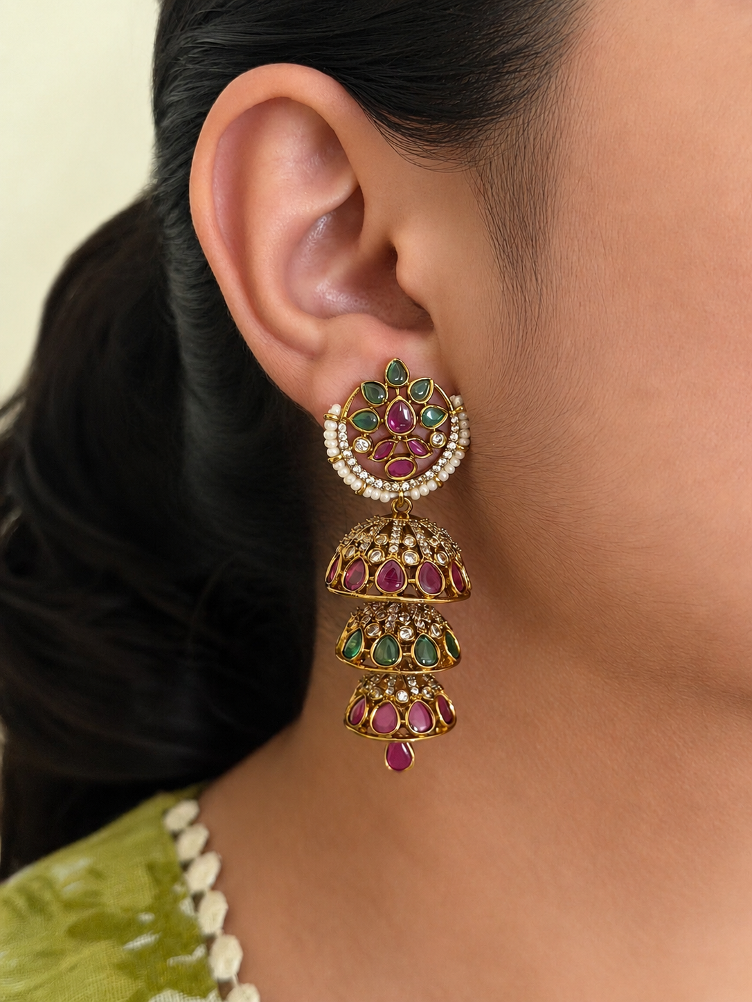 Ruby Green Pearl Chandbali Earrings