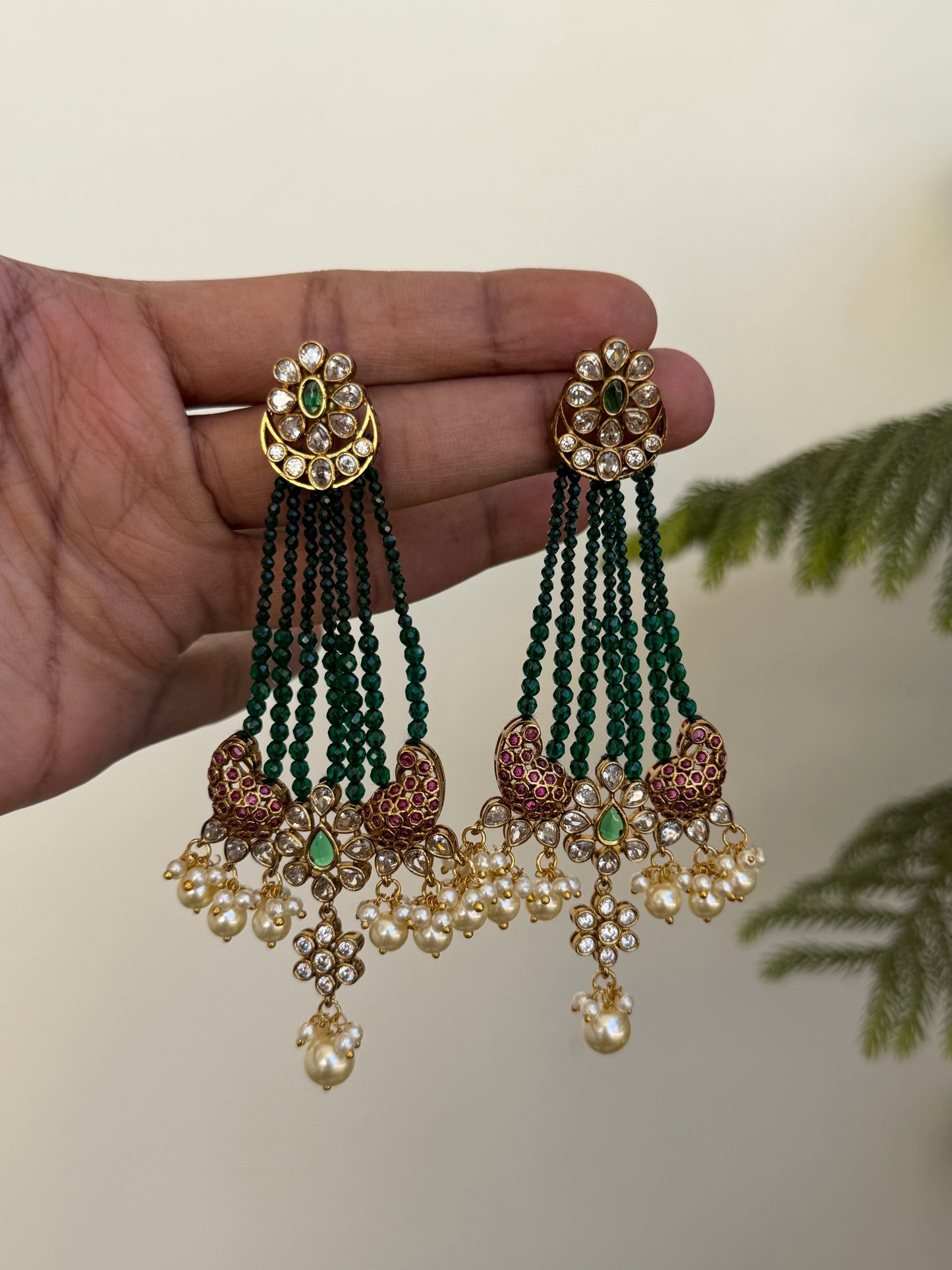 Long Emerald Green Bead Tiered Earrings with Peacock Motif and Pearl Drops