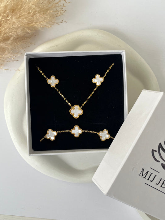 White Clover Rakhi Gift Combo – Necklace, Studs & Elsie Bracelet