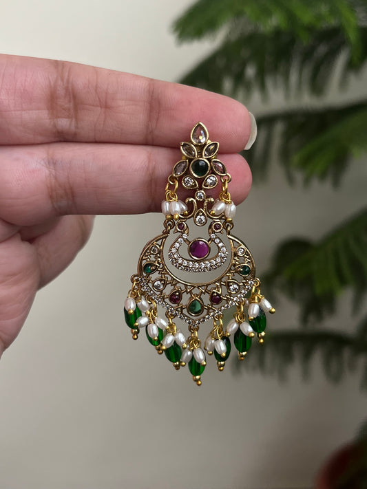 Peacock Chaandbali Earrings with Green Beads