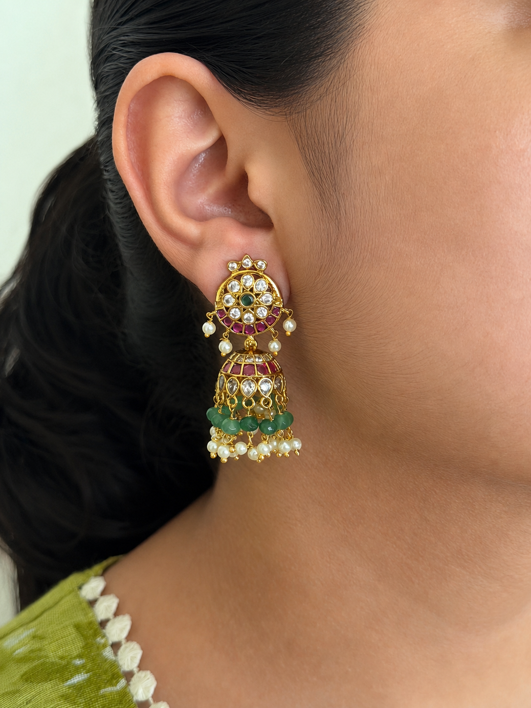 Green Ruby Pearl Jhumka Earrings