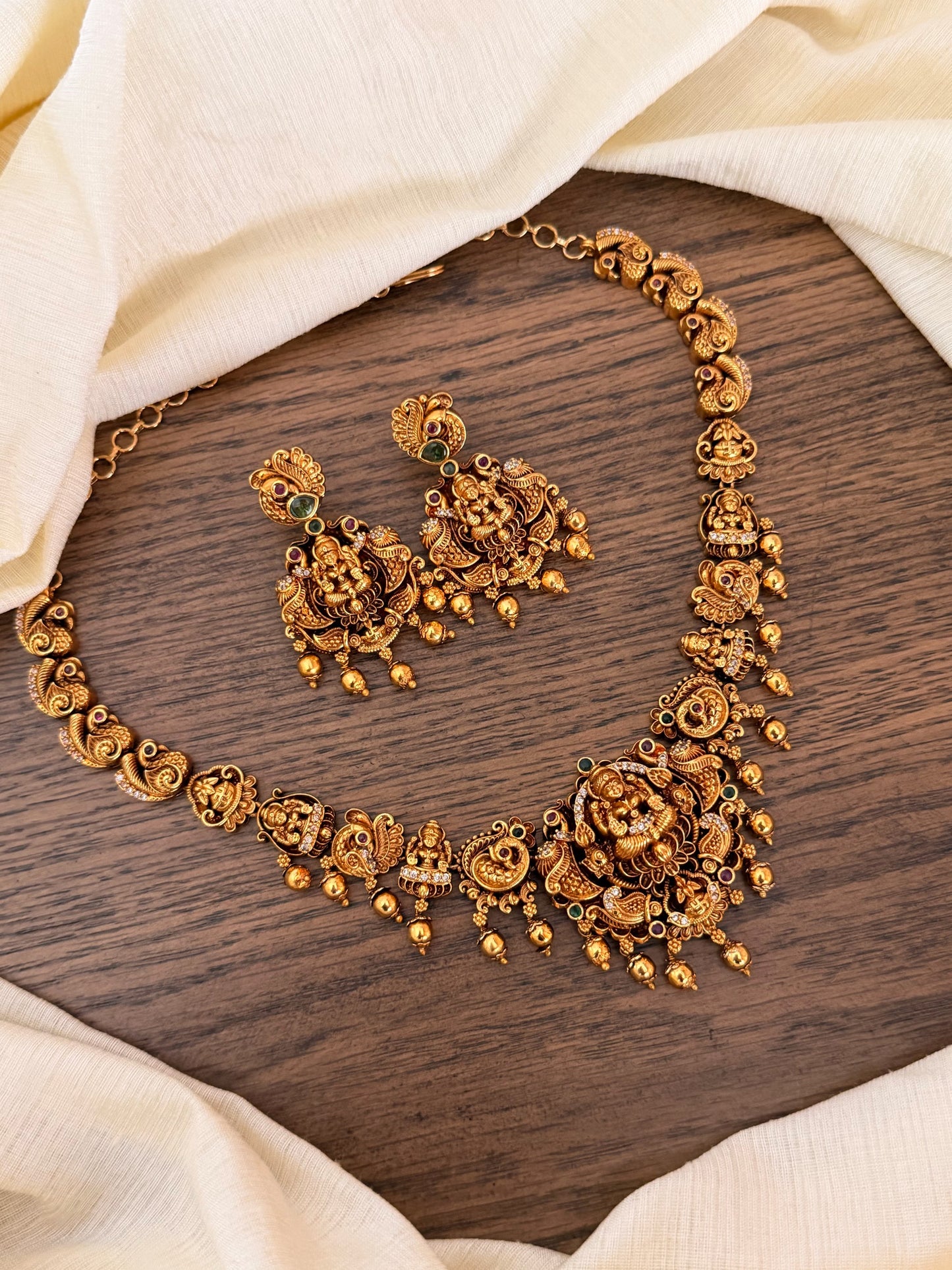 Premium Nakshi Temple Jewelry Set | Handcrafted Antique Gold Necklace with Kemp Stones and Nature-Inspired Motifs