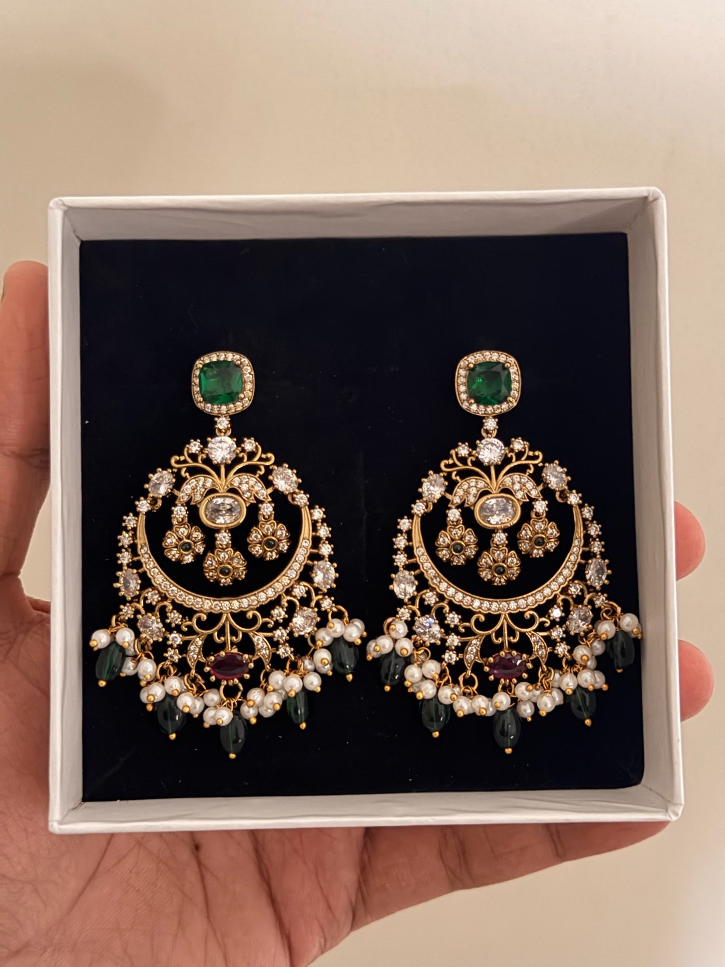 Moissanite Chaandbali Earrings with Pearls & Green Monalisa Beads